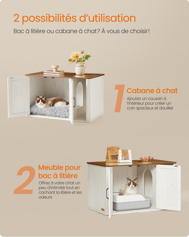 Meuble Litière pour Chat, Meuble Moderne Cache-Litière, Double Porte, Poignées, Table d’Appoint, 85 x 48,5 x 50 cm, Marron Miel et Blanc Rustique - 3