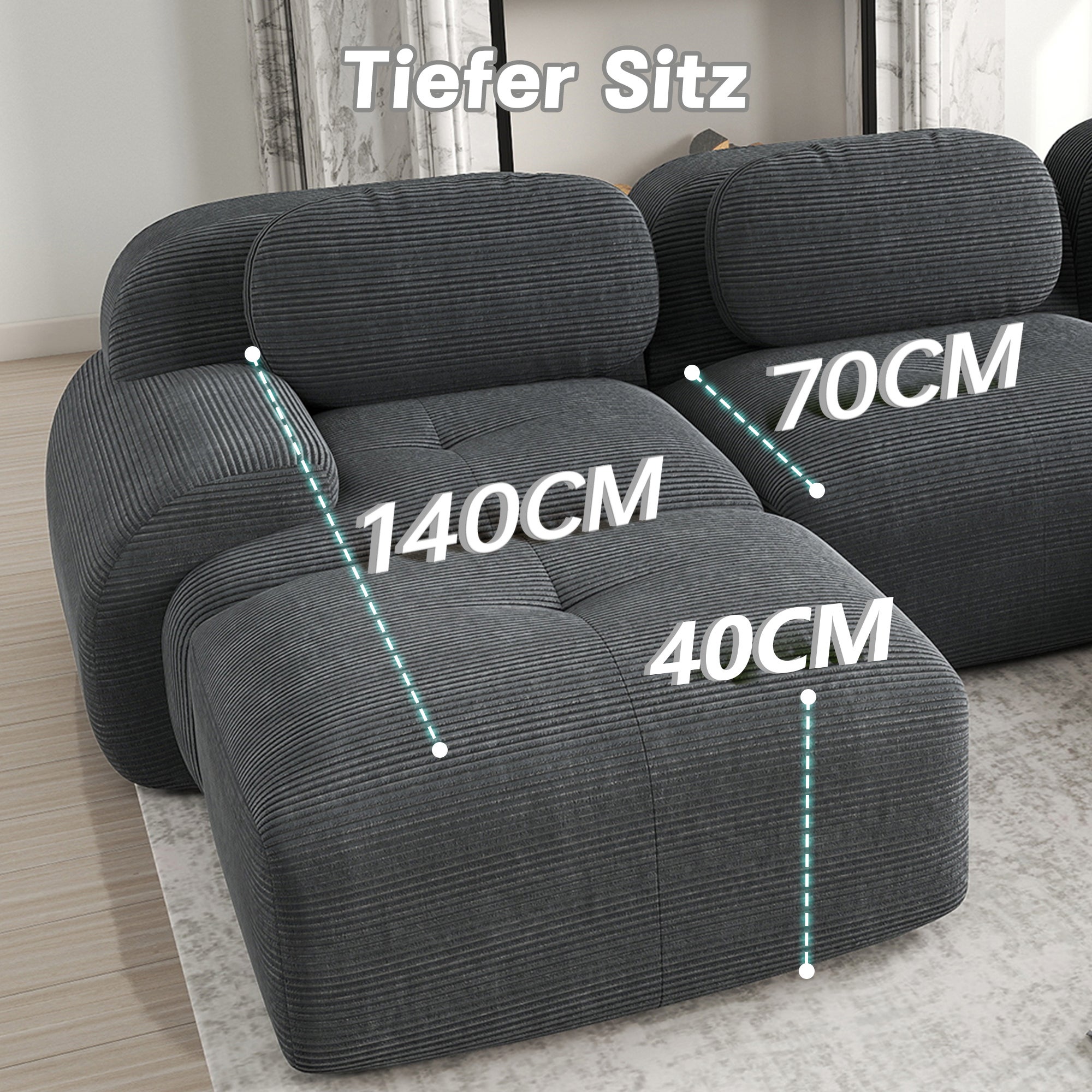 Canapé U modulable en tissu cord premium, Canapé d'Angle antidérapant, accoudoirs extra larges, rembourrage 32D, Canapé 3 Places Gris, sans montage - 3
