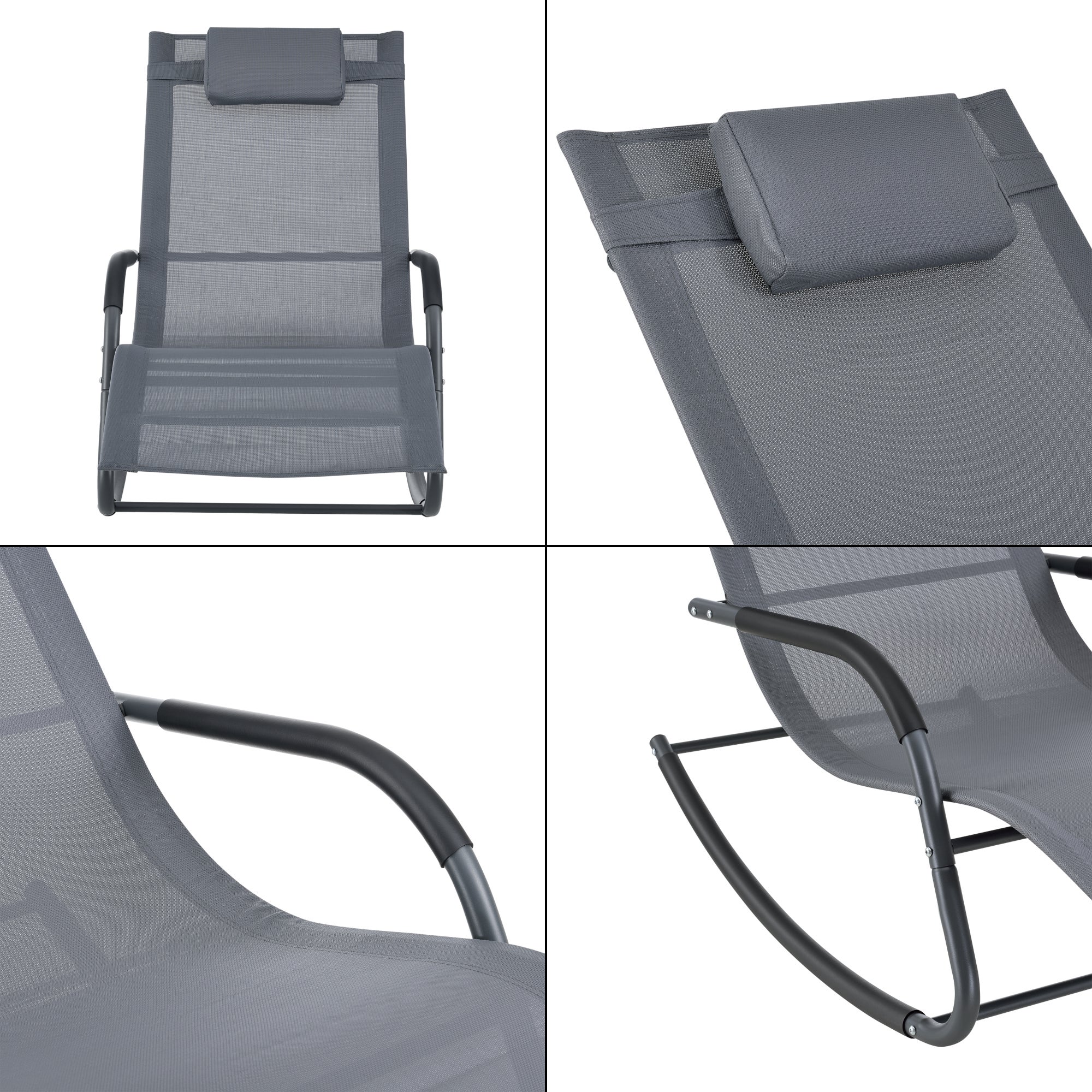 Set di 2 Lettini Prendisole a Dondolo con Cuscino Poggiatesta Rimovibile 2 Sedie a Sdraio Oscillante per Giardino/Balcone - Grigio Scuro - 6