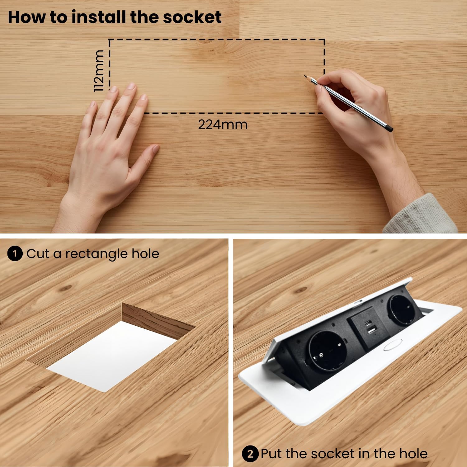 Multiprise Encastrable Escamotable avec 2 Prises SCHUKO + 2 Prises USB (A+C), Câble de 1,5 m – Pour Bureau et Table (Couleur Blanc) - 3