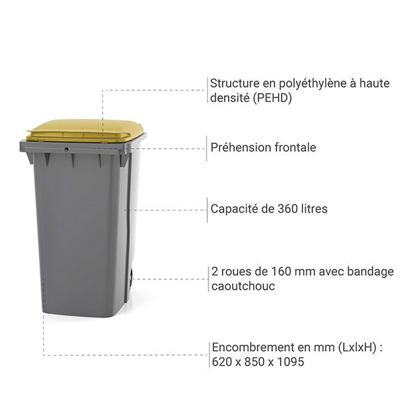 Contenitore per rifiuti da 360 litri con impugnatura frontale - Coperchio giallo limone - 620 x 850 x 1095 mm - 210006GAGA/JC - 3