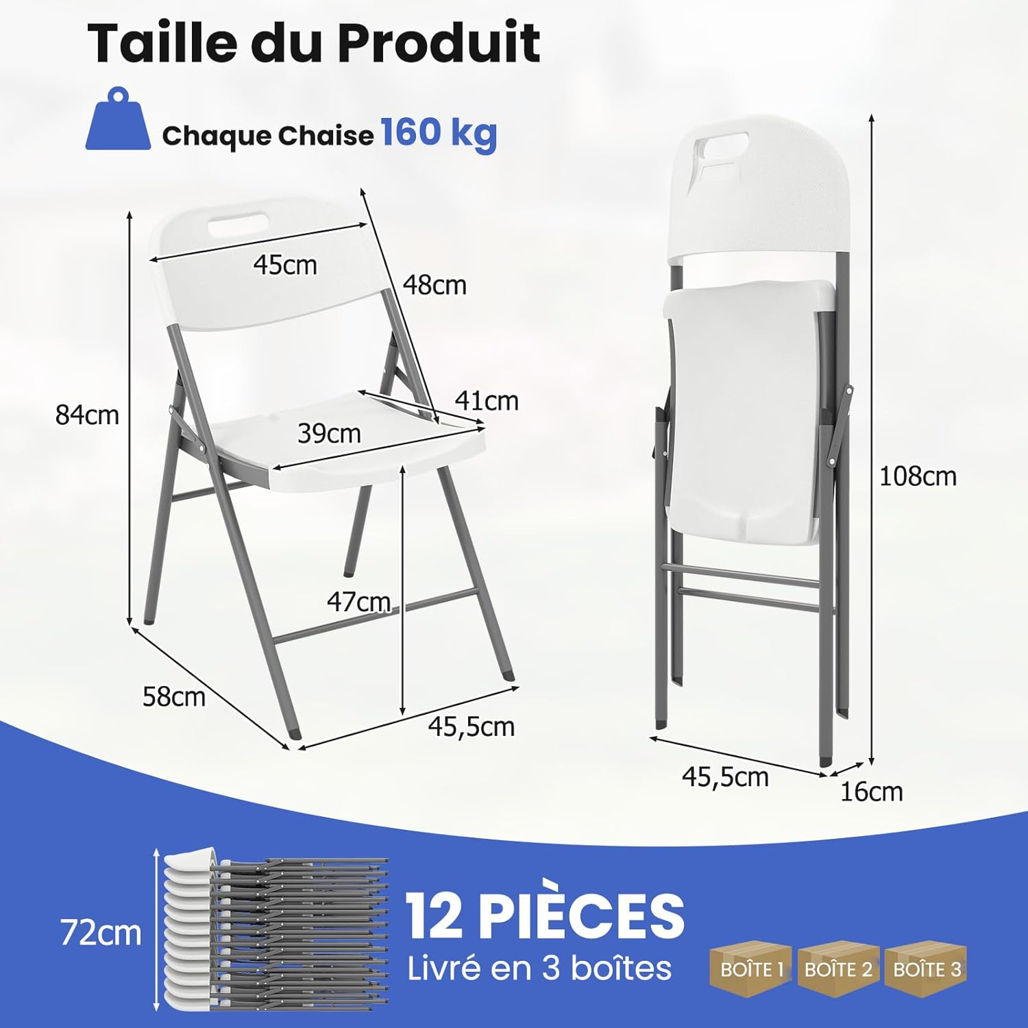 Lot de 4 Chaises Pliantes en Plastique HDPE, Cadre en Métal, Chaises d'Appoint Portables avec Pieds en Métal, Capacité 160 Kg - 3