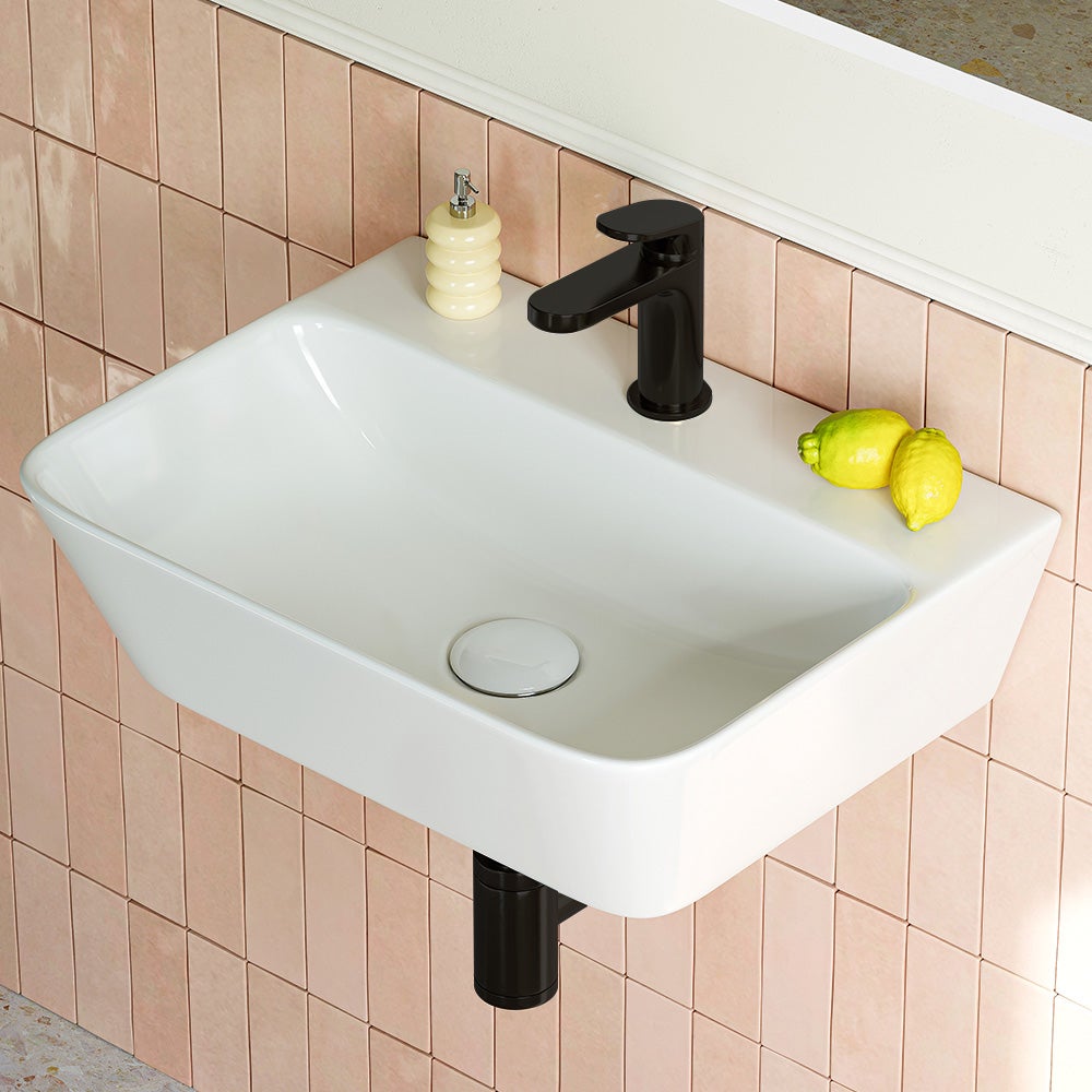 HOROW Umywalka łazienkowa 41 cm prostokątna nowoczesna biała bez przelewu z otworem na baterię mała umywalka wisząca