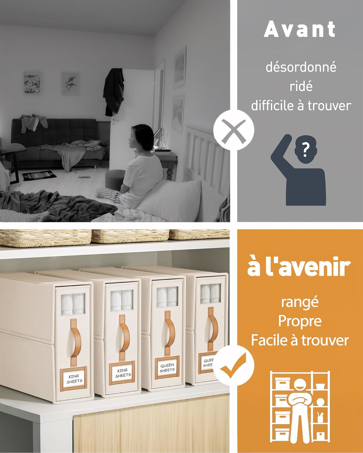 linge rangement drap de lit - 3 organisateur drap pliable, respirantes avec fenêtre transparente & étiquette pour draps, couvertures & serviettes - 5