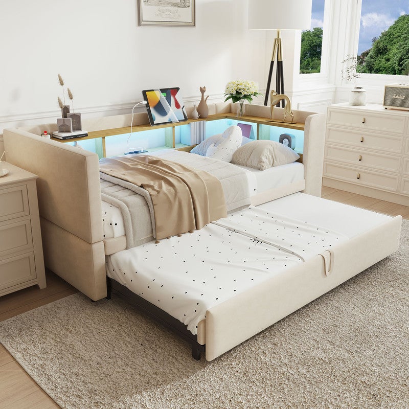 Sofa rozkładana tapicerowana 90/180x190 cm - z oświetleniem LED - z gniazdkiem - wiele schowków - beżowa