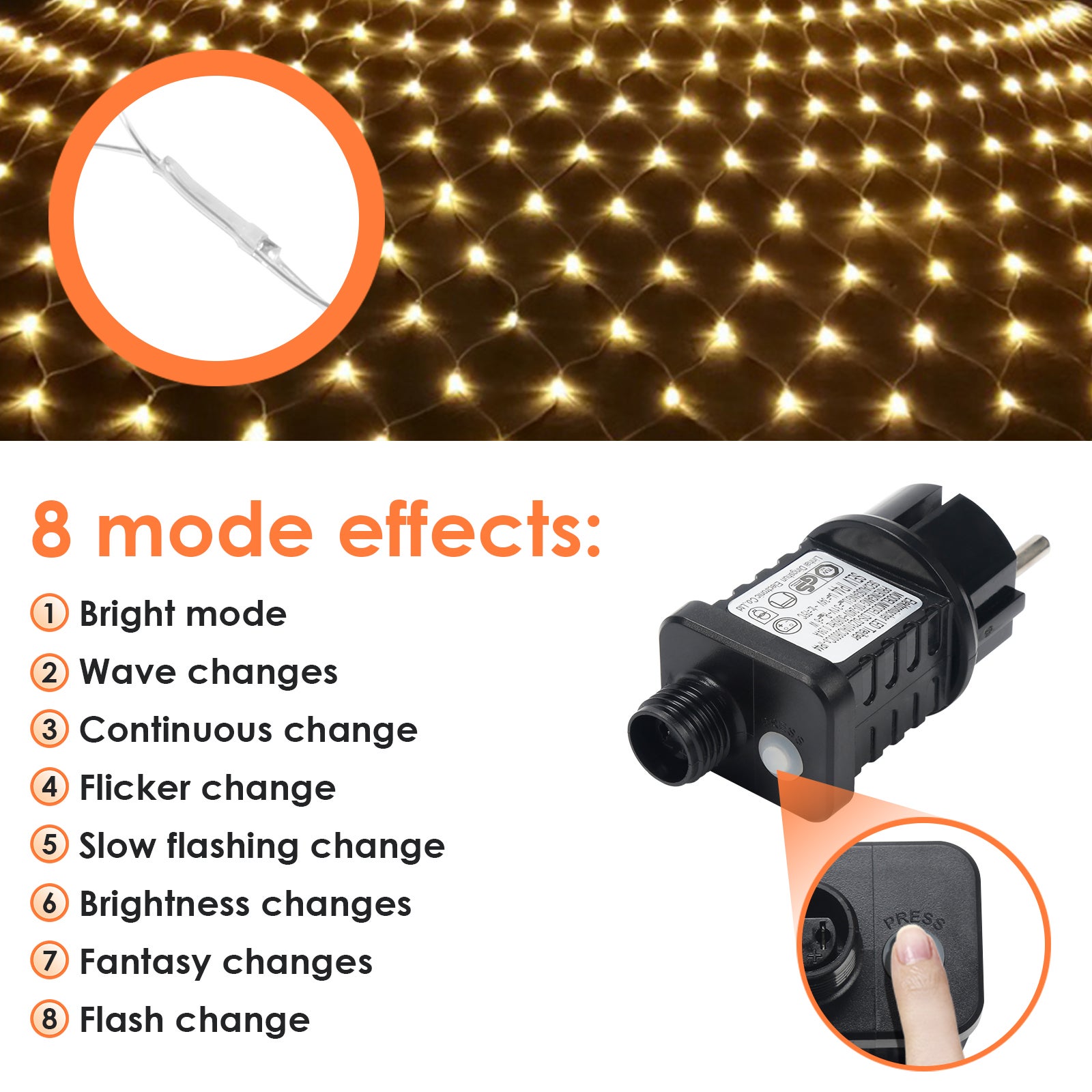 4.5x1.6M Rete luminosa solare Bianco caldo Catena luminosa con 8 modalità Tenda luminosa natalizia all'interno all'esterno - 3