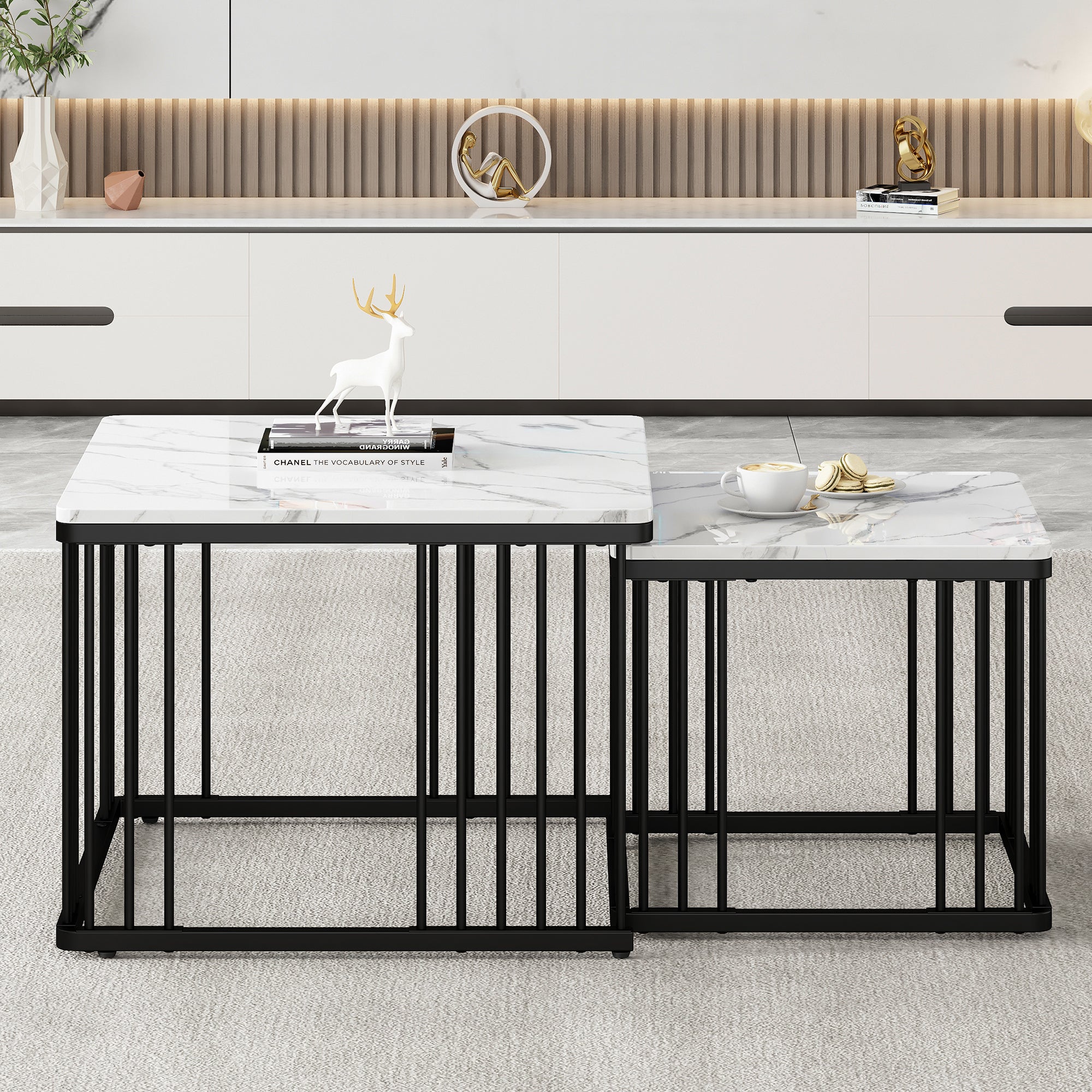 Zestaw 2 kwadratowych stolików kawowych - 60x60x45cm + 45x45x40cm - Wzór marmuru - Płyta MDF, drewno i metal - Biały + czarny - 6