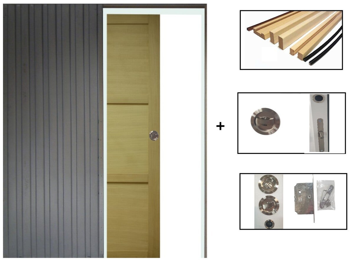 Puerta corredera de madera ayous de 3 paneles h204 x l83 cm, empotrada, kit de acabado gd menuiseries sin manilla