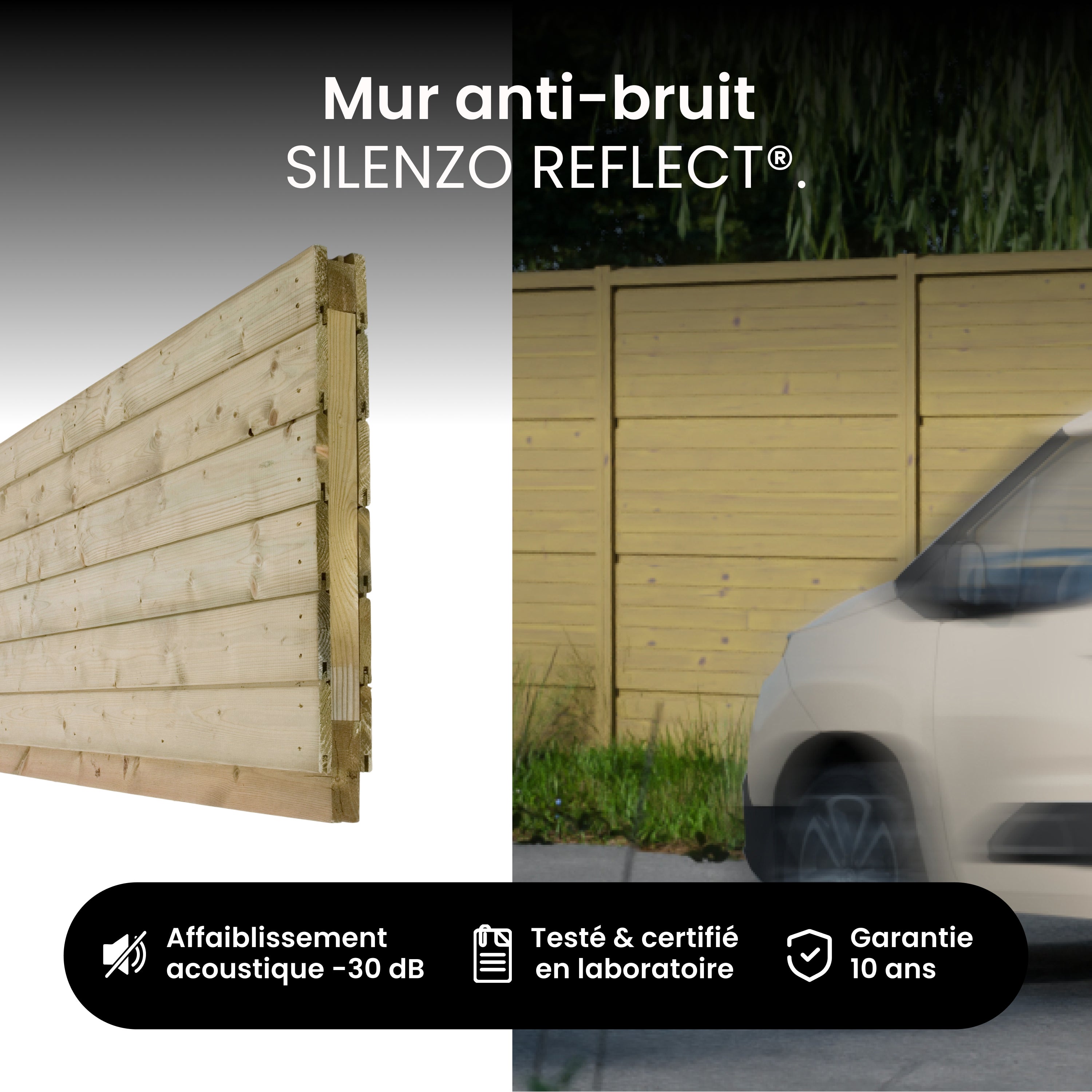 Mur Anti-bruit Bois 6,63x1,8m SILENZO REFLECT - Clôture Réduction Sonore - Palissade - 3