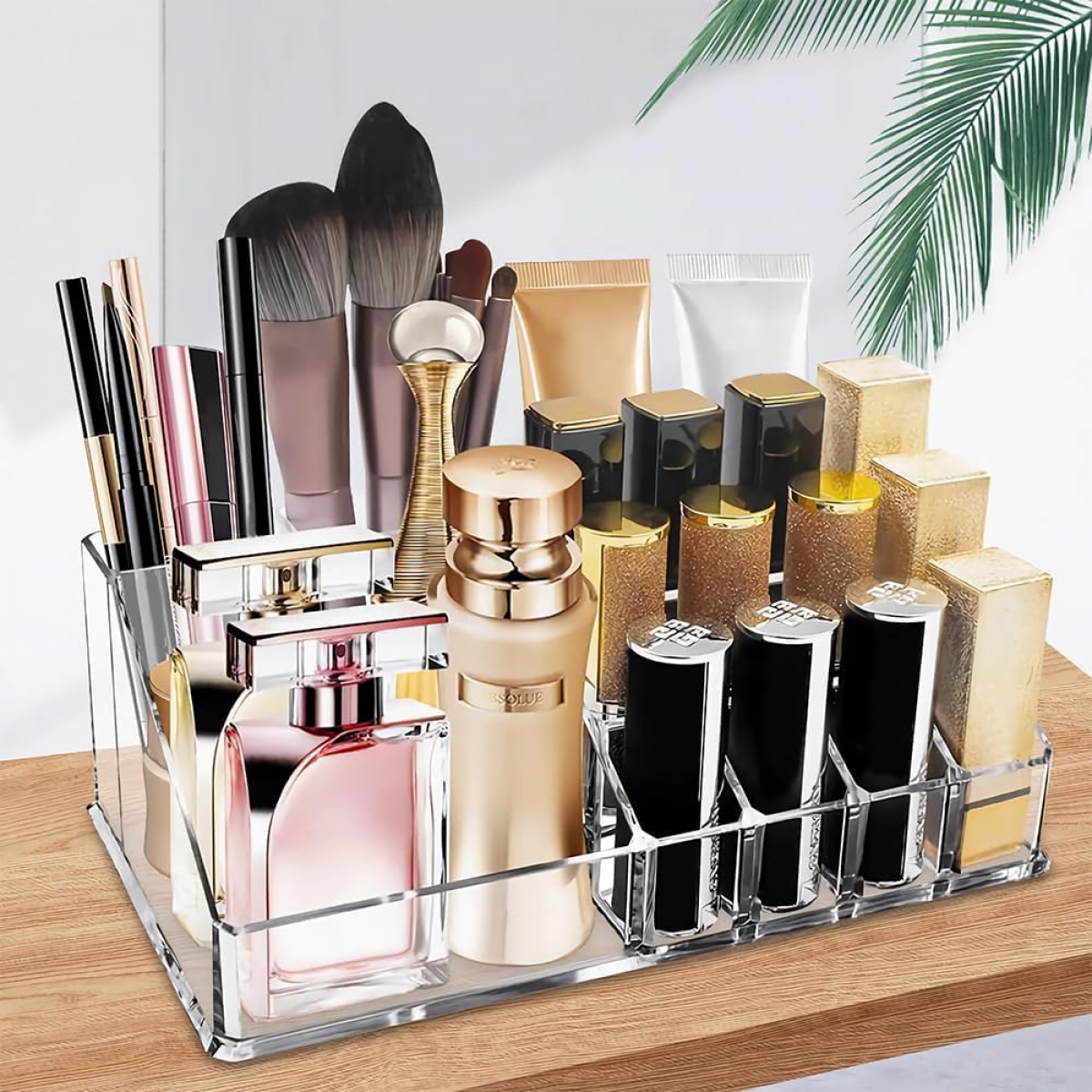Organizator de machiaj, suport de prezentare cosmetică cu 16 sloturi pentru ruj, pensulă de machiaj, creion de sprâncene (transparent)