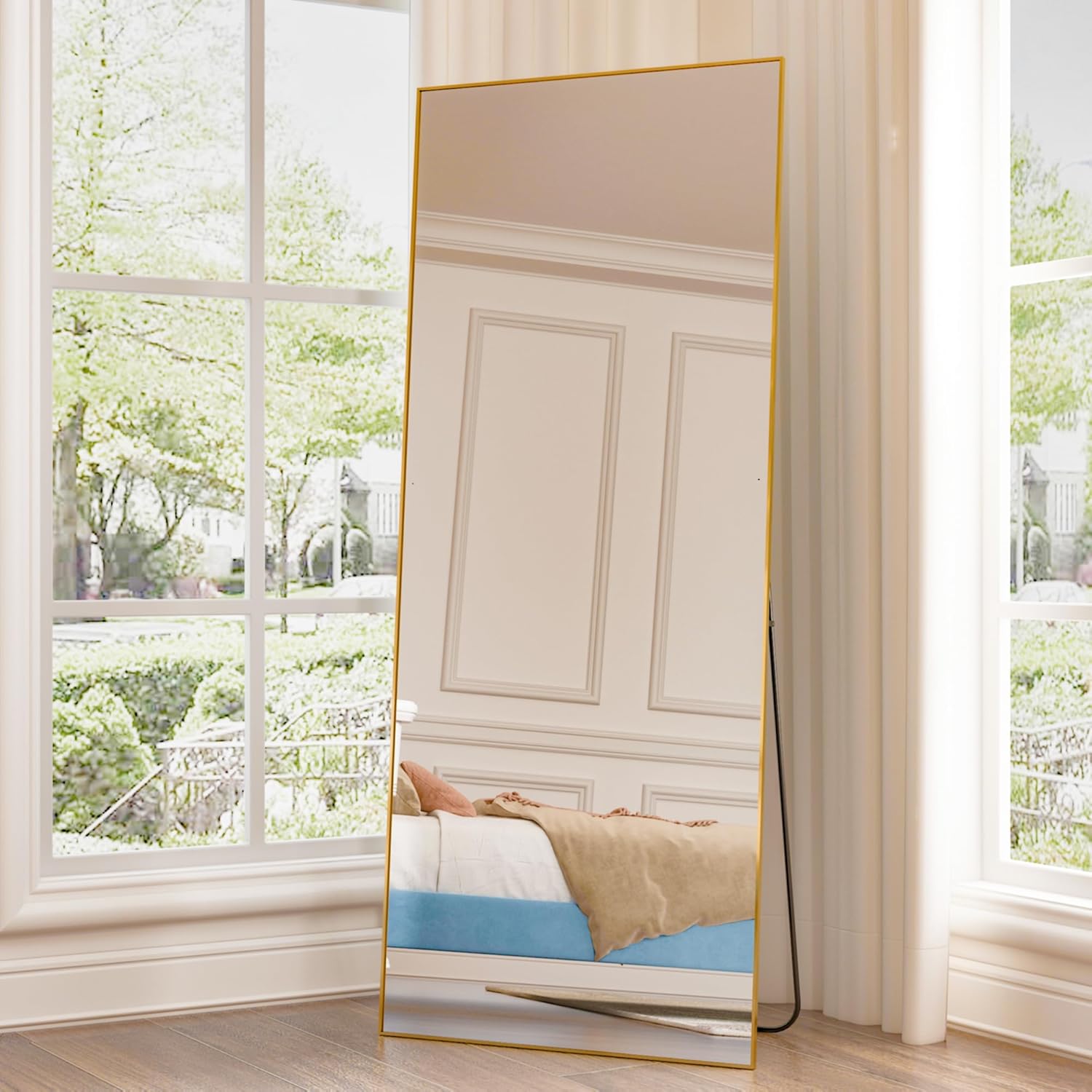 Espejo rectangular grande de 165 x 60 cm, espejo de cuerpo entero, espejo de dormitorio de pie o de pared, marco de aluminio, espejo dorado - 2