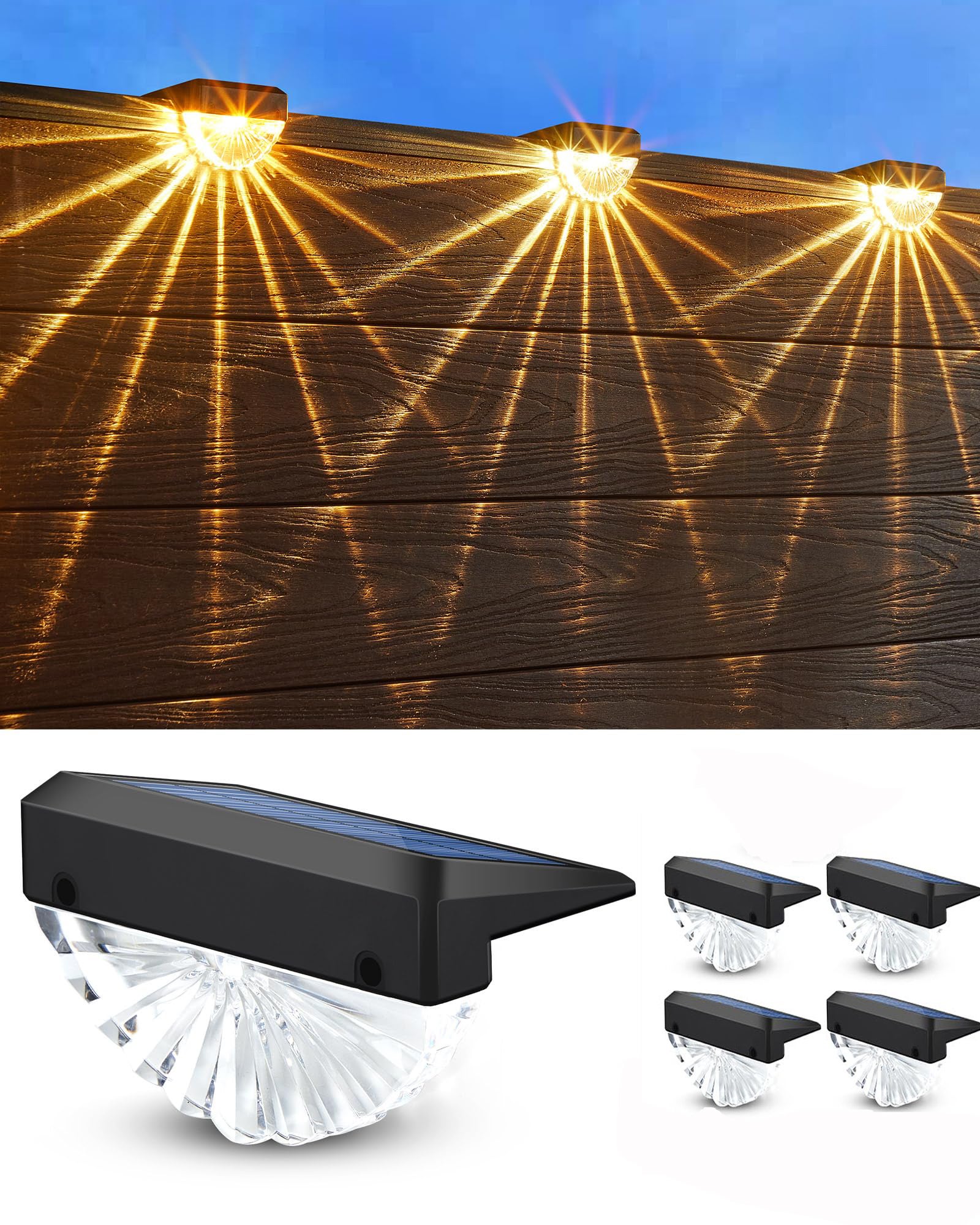Zestaw 4 lamp solarnych do ogrodzenia, solarne lampy ścienne, ciepłe białe LED, wodoodporne oświetlenie zewnętrzne IP44 do ogrodu, balustrad