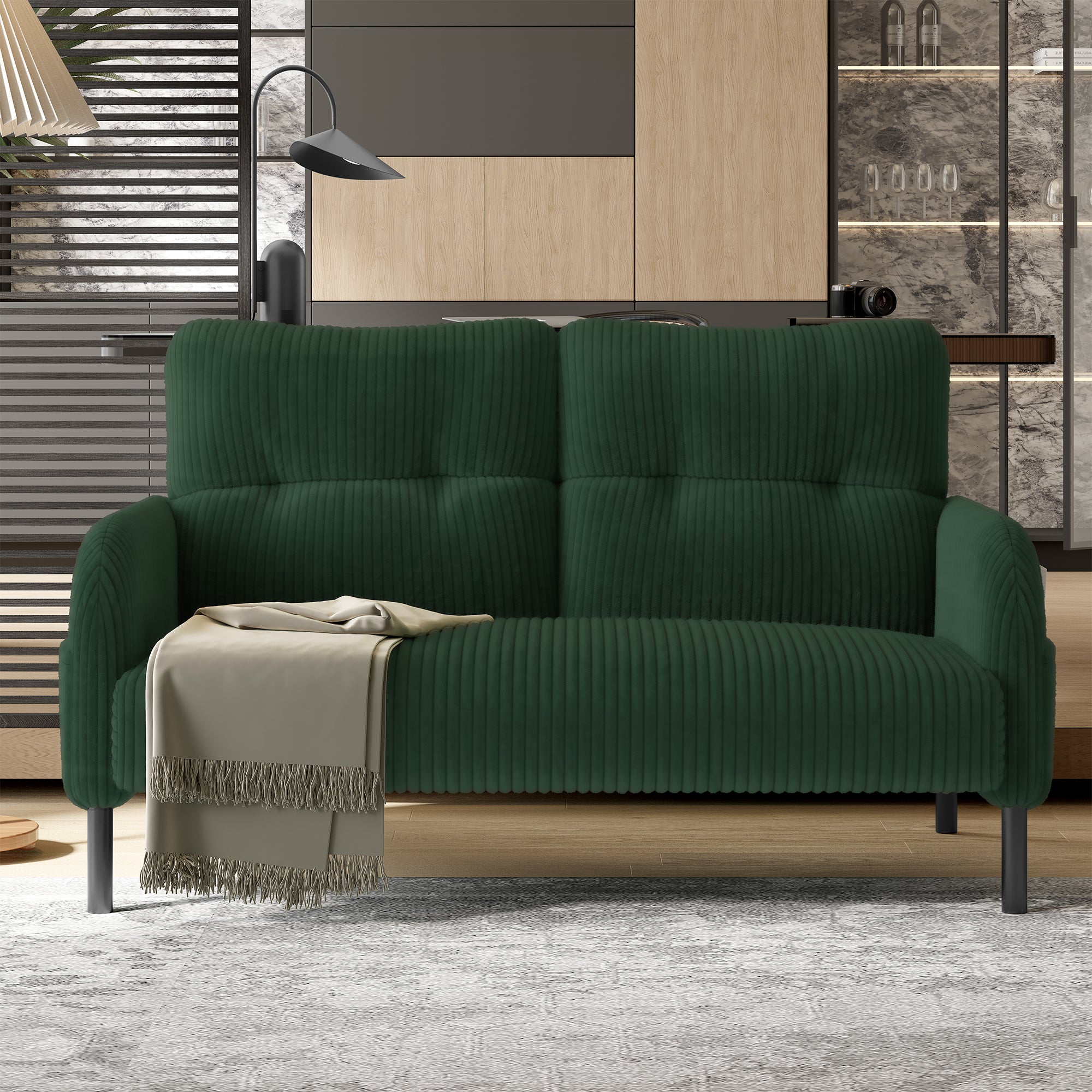 Canapé 2 places velours côtelé - Dossier haut pieds métal poches latérales pour salon/bureau - 8