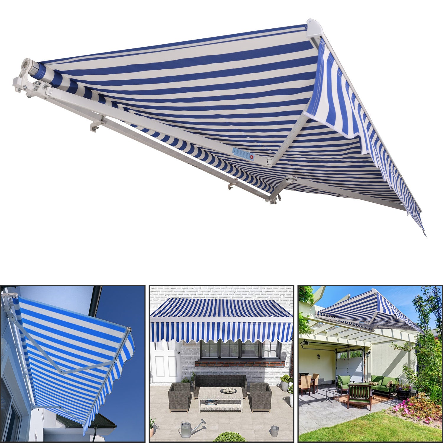 Toldo manual para terraza retráctil de 350 x 300 cm, lona premium de 280 g/m² en aluminio con manivela y ángulo ajustable, azul beige