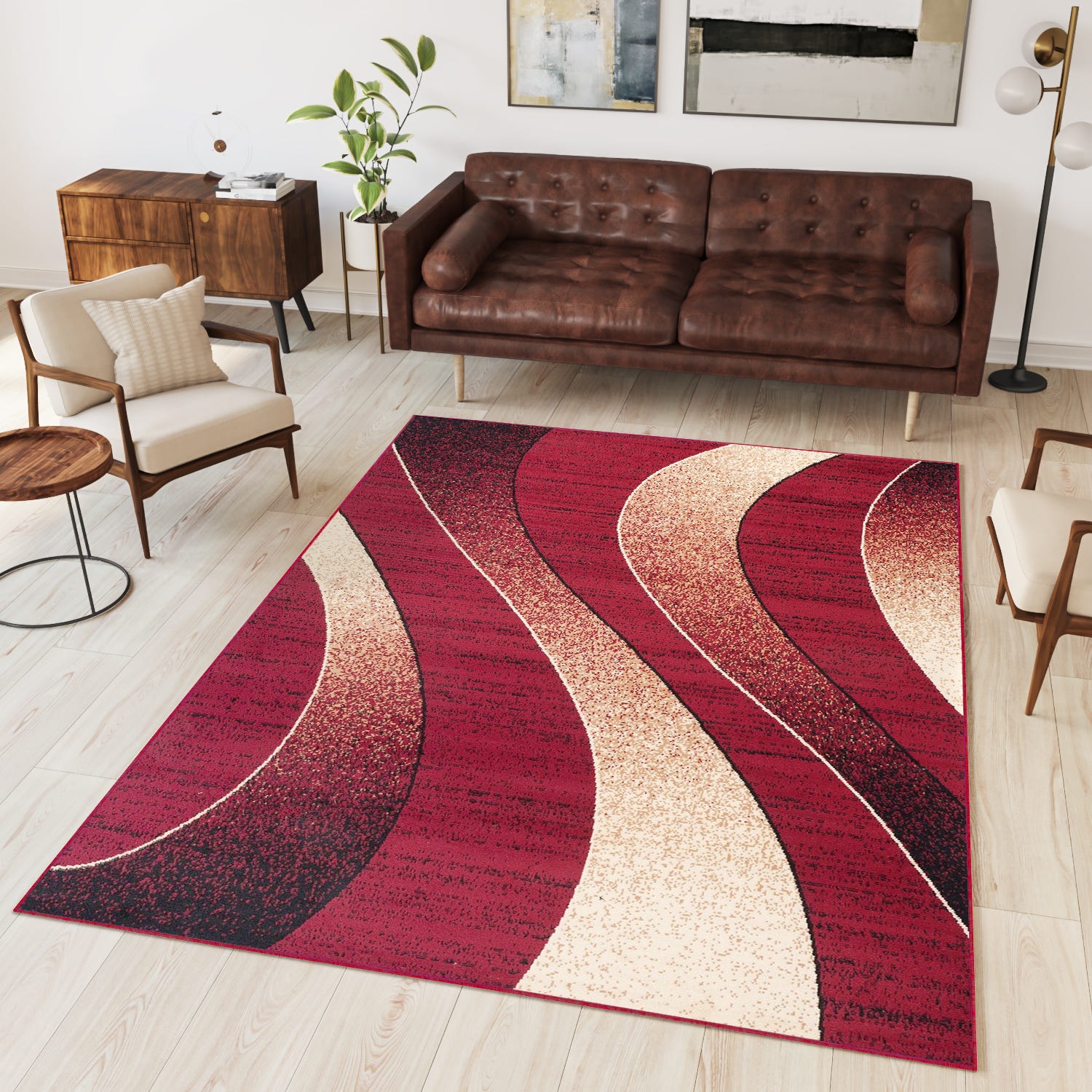 Fin Rouge TAPISO Dream Tapis Salon Chambre Fin Rouge Beige Bordeaux Ondes Vagues ...