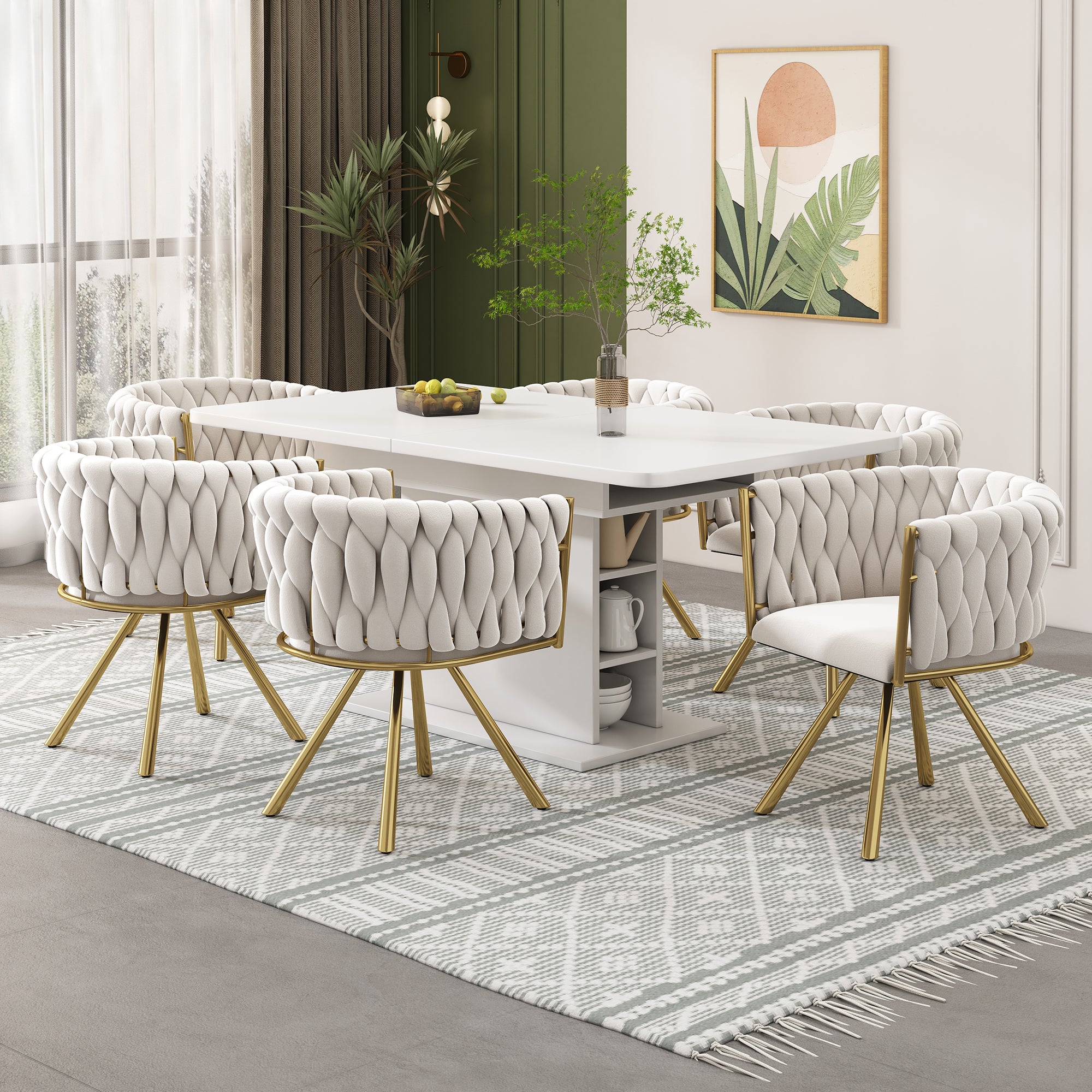 Juego de 6 sillas de comedor giratorias con reposabrazos - 59 x 54 x 72 cm - Terciopelo - Beige