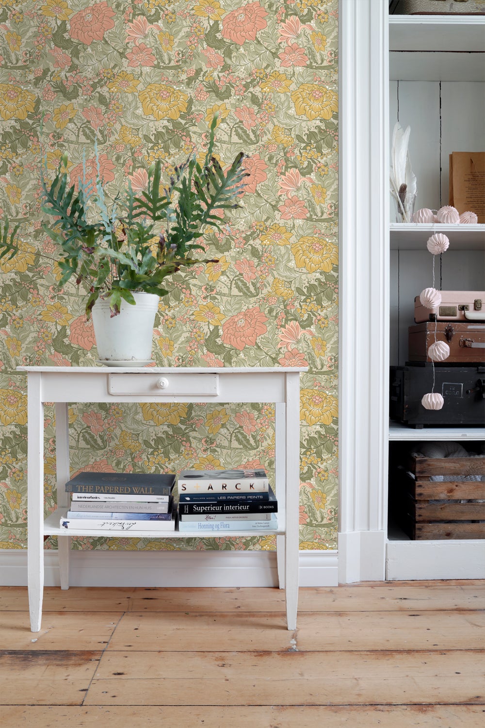 Papier peint fleurs vintage vert grisé, rose et jaune ocre - 50 x 900 cm - ESTAhome - 6