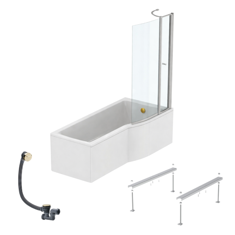 Ideal standard connect air 170 x 80 cm, conjunto para bañera/ducha derecha + delantal + mampara con panel + patas + desagüe (dorado)