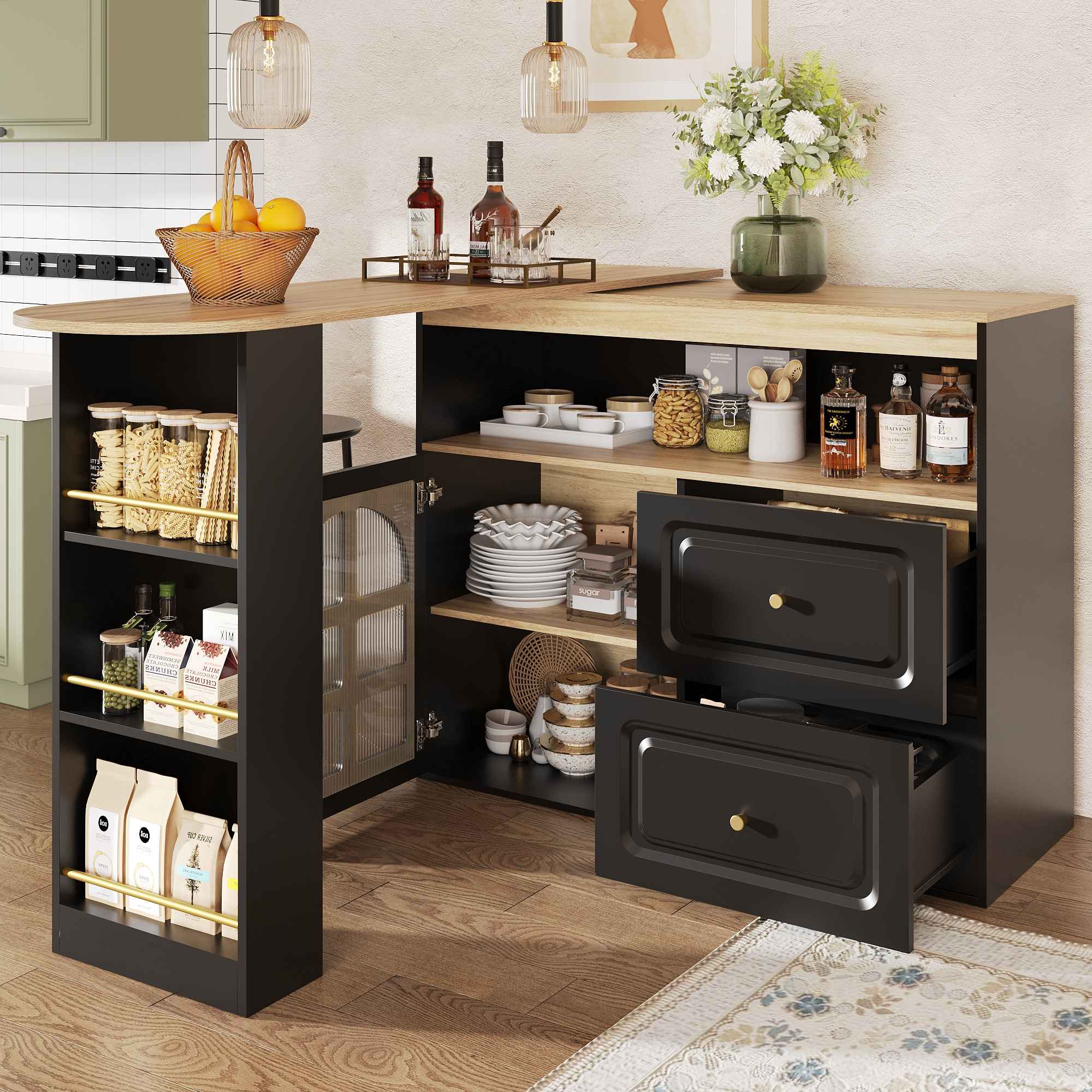 Sideboard Rotativo 360° Moderno com Prateleiras, 2 Gavetas, Prateleira para Snacks e Porta de Vidro Curvado, Design Elegante em MDF - 2