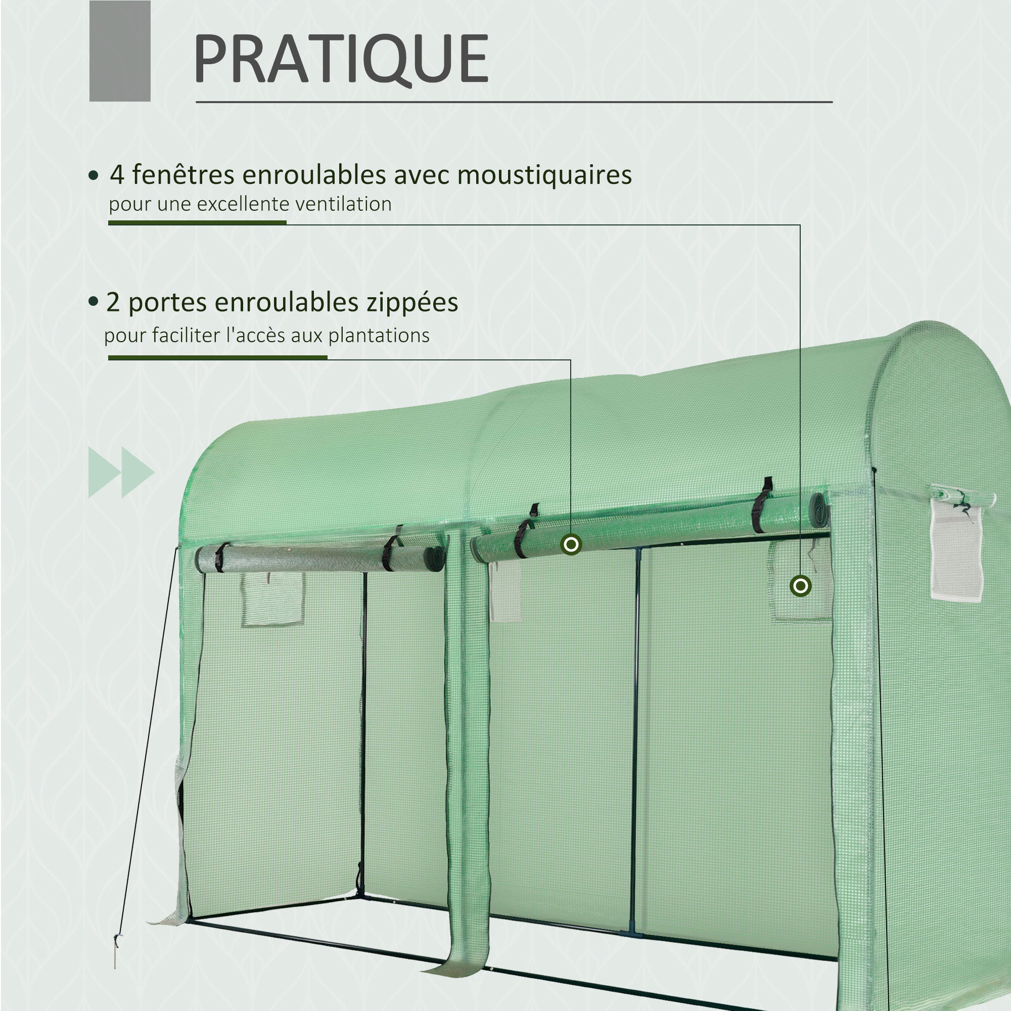 Serre de jardin - Outsunny - petite serre de balcon bâche pe portes et fenêtres roulantes - acier - 300 x 100 x 200 cm - vert - 5
