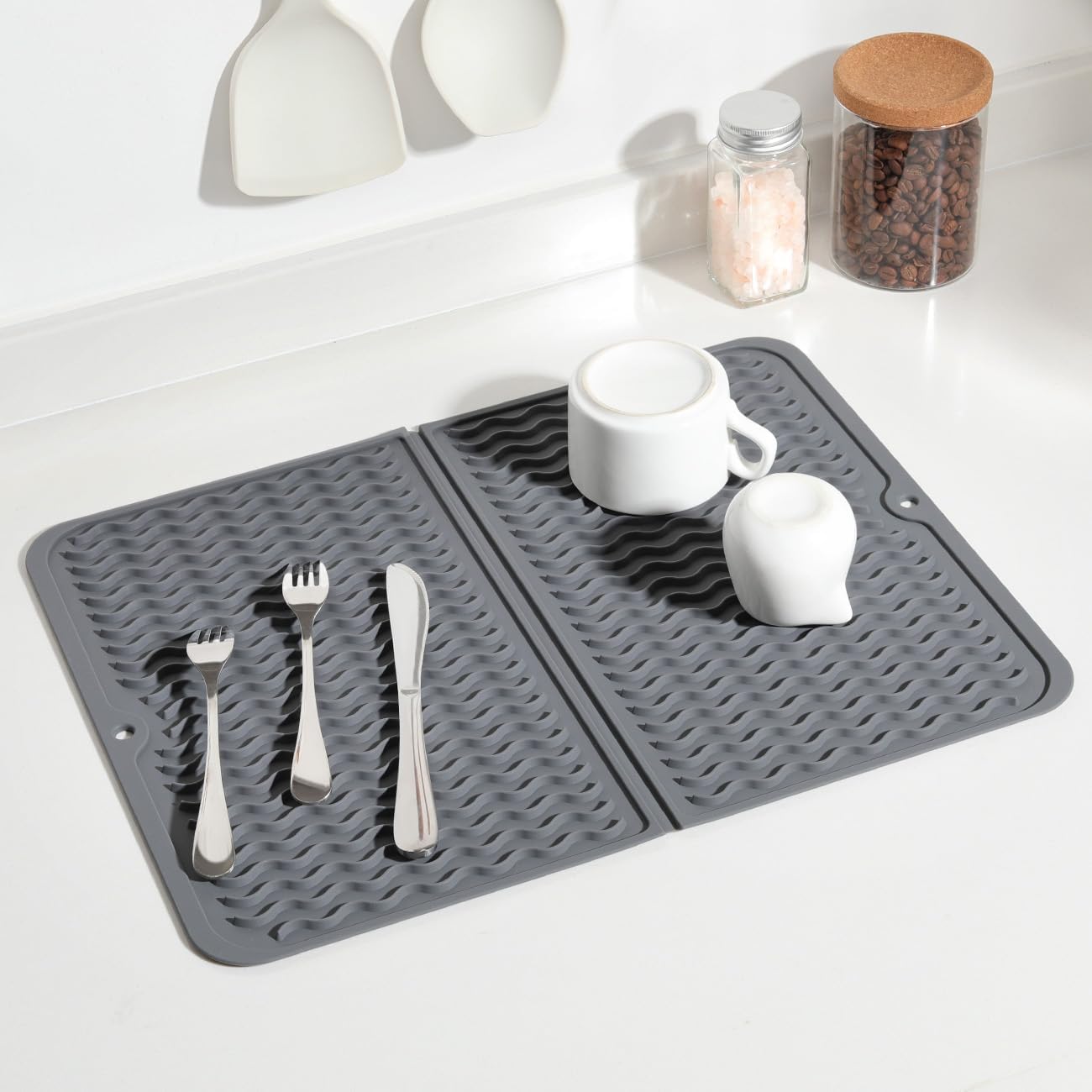 Mata do odpływu naczyń, odpowiednia do kuchni, składana, silikonowa, 40,7 x 31 cm, szara