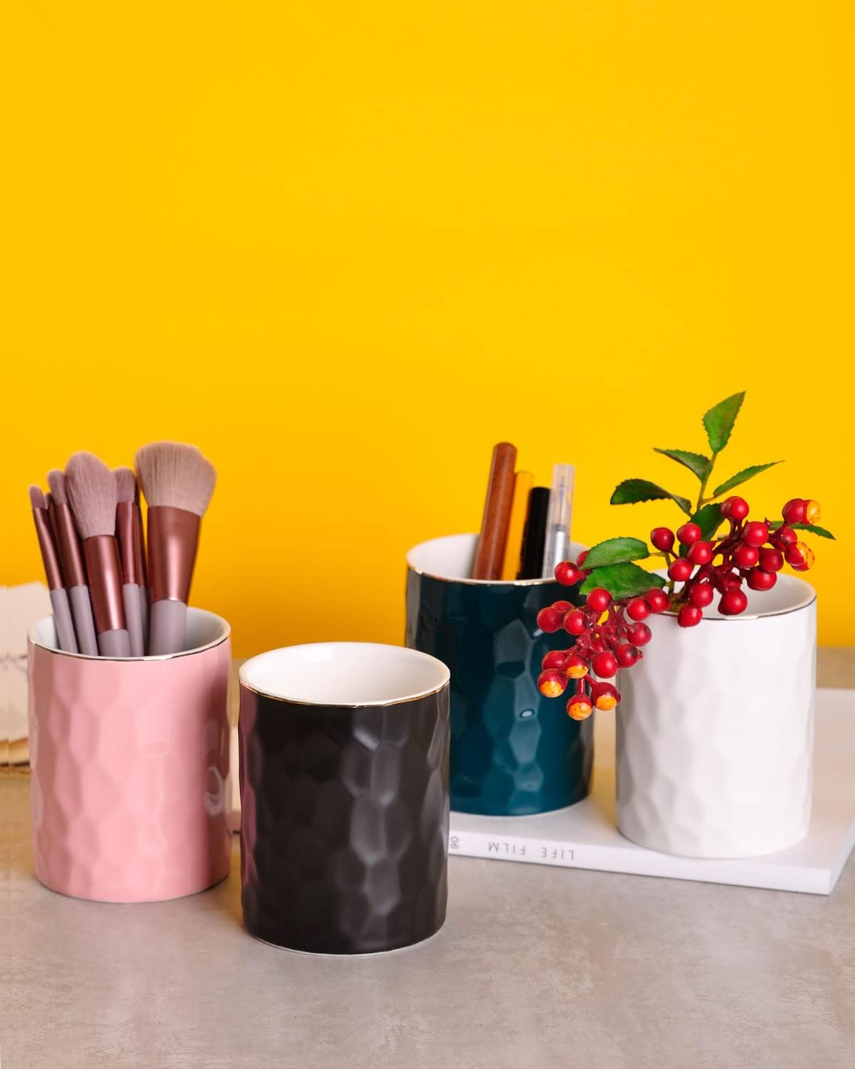 Biały ceramiczny pojemnik na ołówki - Pojemnik na pędzle do makijażu - Złoty pojemnik na długopisy na biurko - Ładny mały pojemnik na pędzle w stylu - 4