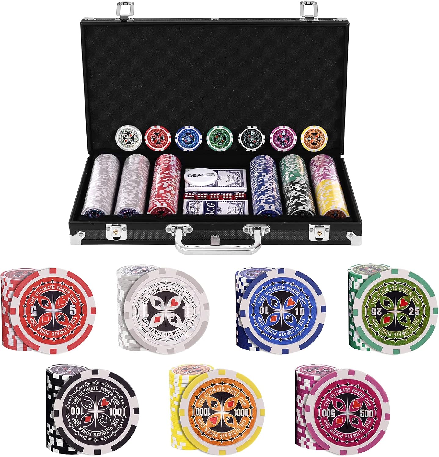 Walizka Pokerowa z 300 Żetonami, 2 Zestawami Plastikowych Kart, 5 Kostkami do Gry, 1 Guzikiem Dealera, Profesjonalnym Zestawem Kasynowym (Czarny)