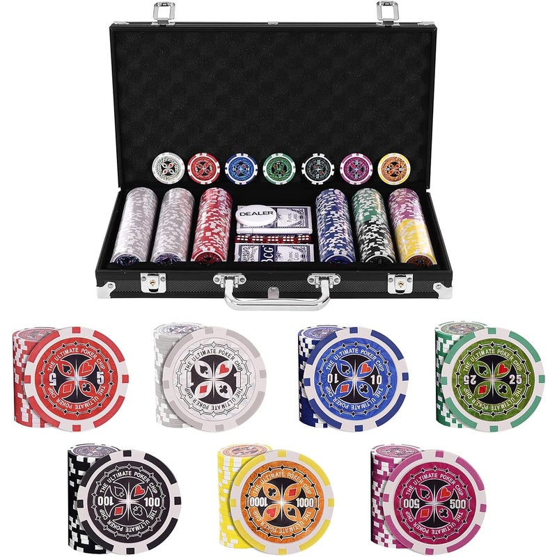 Walizka Pokerowa z 300 Żetonami, 2 Zestawami Plastikowych Kart, 5 Kostkami do Gry, 1 Guzikiem Dealera, Profesjonalnym Zestawem Kasynowym (Czarny)