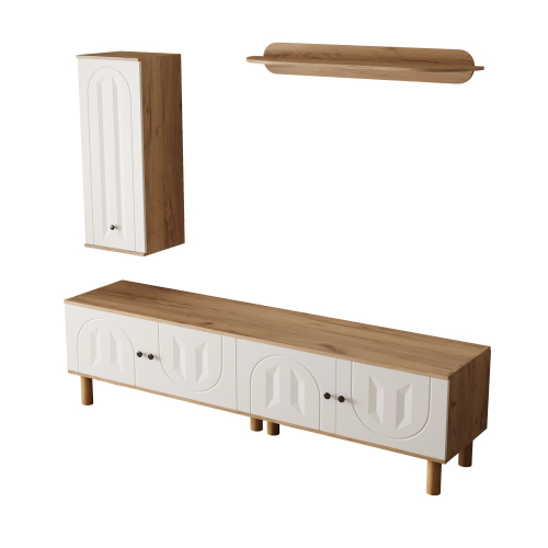 Mobile TV modulare a 3 pezzi con vetrine intagliate, mensole a muro e ampi contenitori in legno/bianco - 3