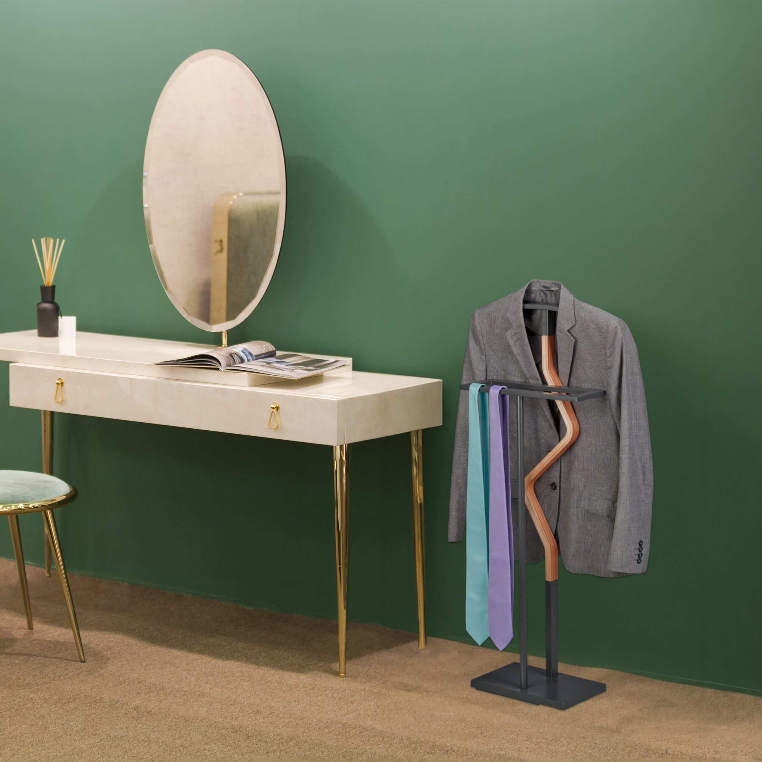 Relaxdays Valet de chambre, MDF et acier, porte-vêtements, HxLxP : 107x47,5x20 cm, chemises, costume, anthracite/nature - 2