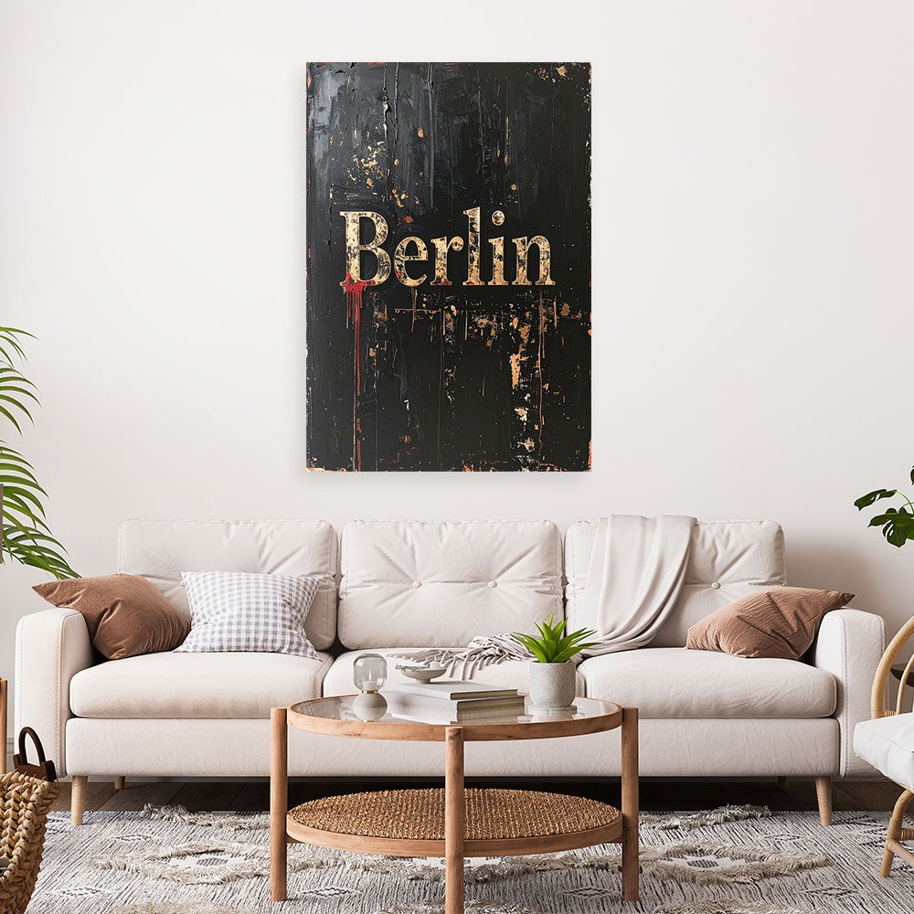 Obraz industrialny do salonu biura hotelu, Napis Berlin Typografia czarny 60x90 - 2
