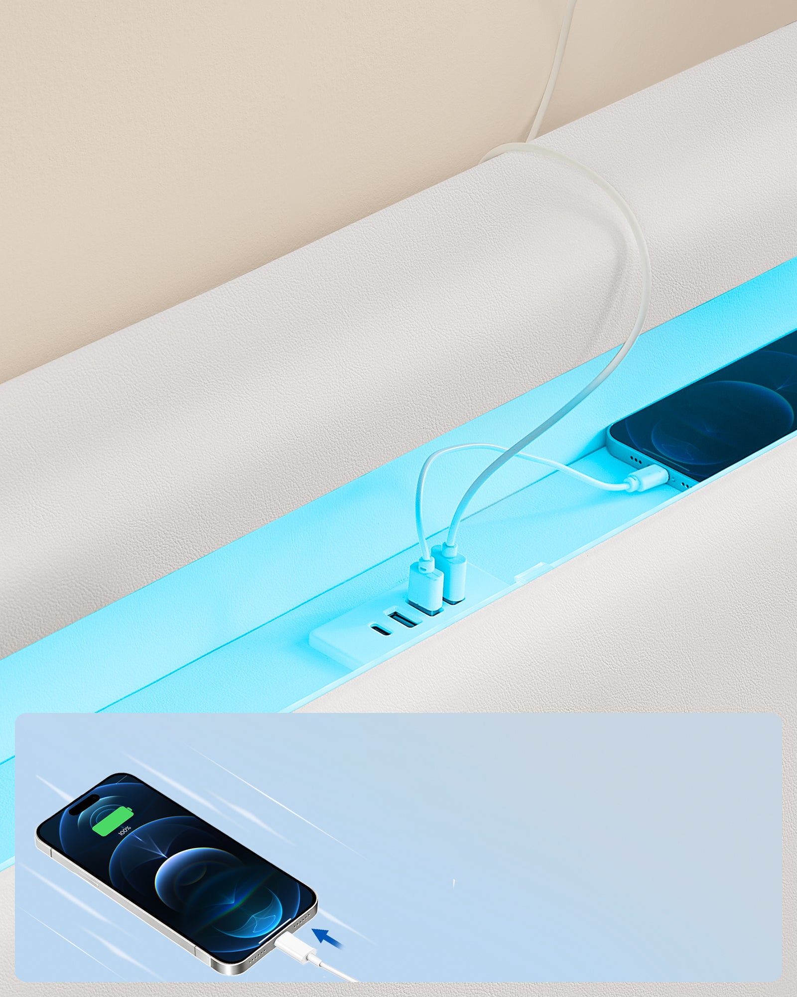 Lit Double, Cadre de Lit, 160 x 200 cm, Lit Flottant, Lit avec Éclairage LED, Tête de Lit Haute, Multiprise, Style Moderne, Blanc Nuage - 4