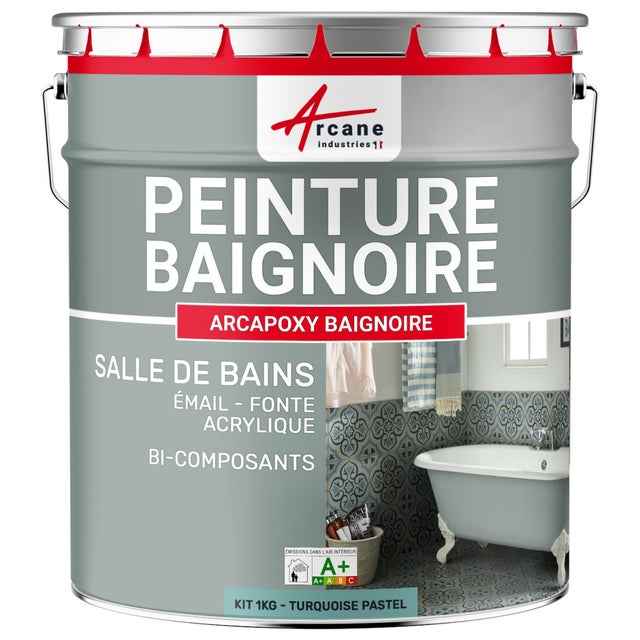 PEINTURE BAIGNOIRE LAVABO - Résine Époxy Pour Rénovation - 1 kg (jusqu'à 3 m² en 2 couches) Turquoise Pastel - RAL 6034 - ARCANE INDUSTRIES