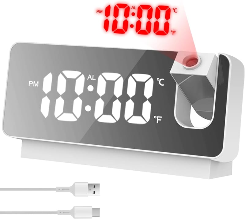 Cyfrowy budzik lustrzany z projekcją i wyświetlaczem temperatury, dużym ekranem LED, funkcją USB, białą obudową i białym światłem
