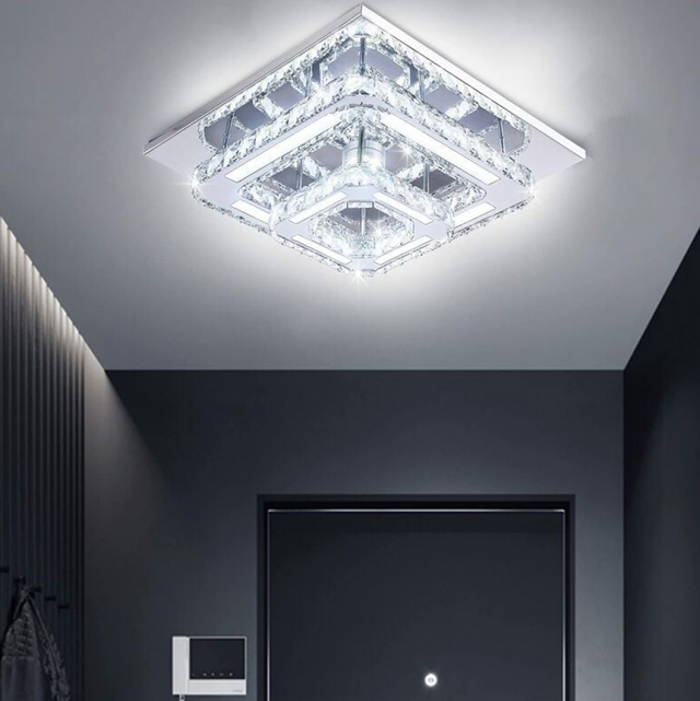 Luminária de teto LED, 24W, com cristais, lustre quadrado moderno para banheiro, cozinha e quarto.
