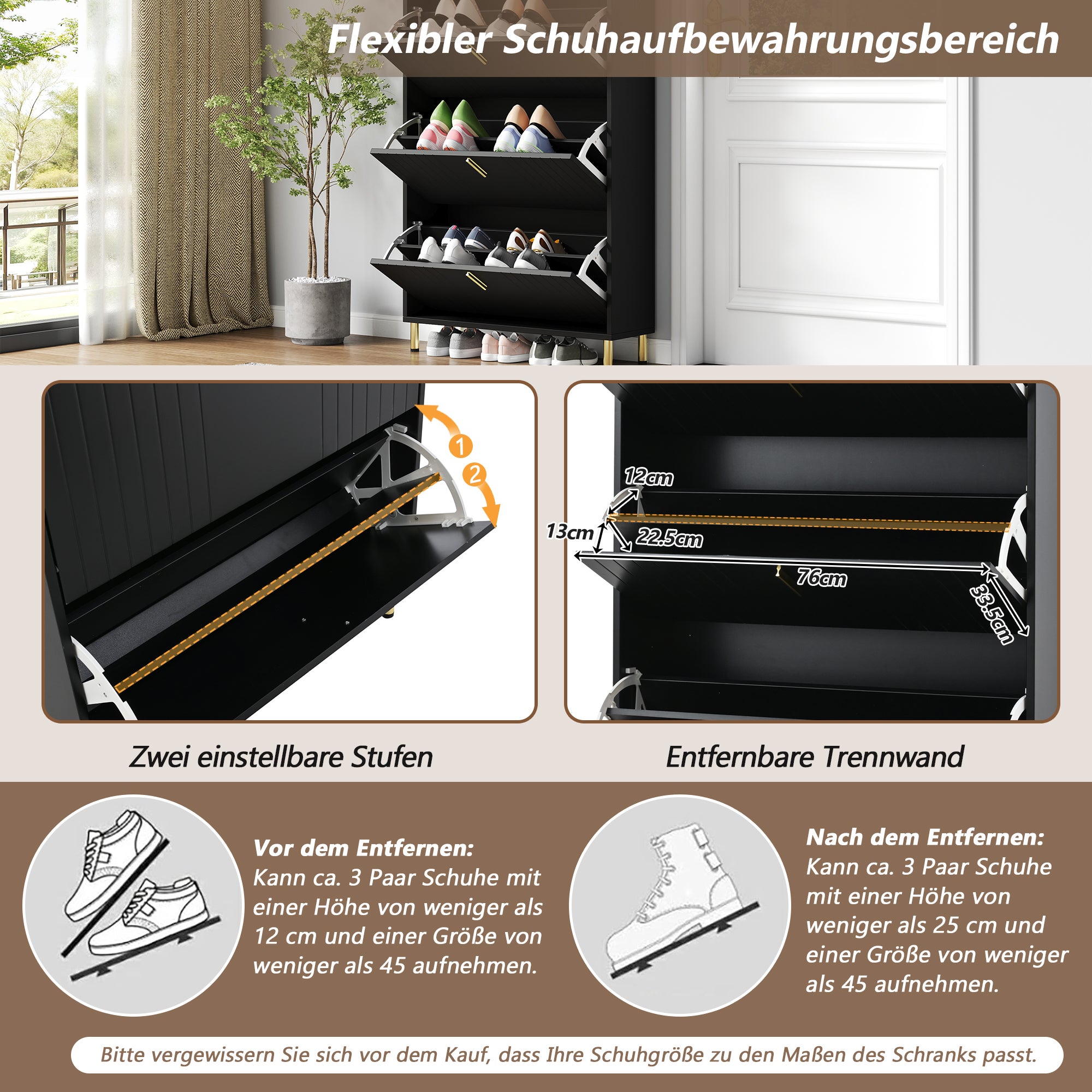 Meuble à chaussures avec 3 portes rabattables et dispositif anti-basculement - 80 x 23,5 x 123,5 cm - MDF - Noir - 7