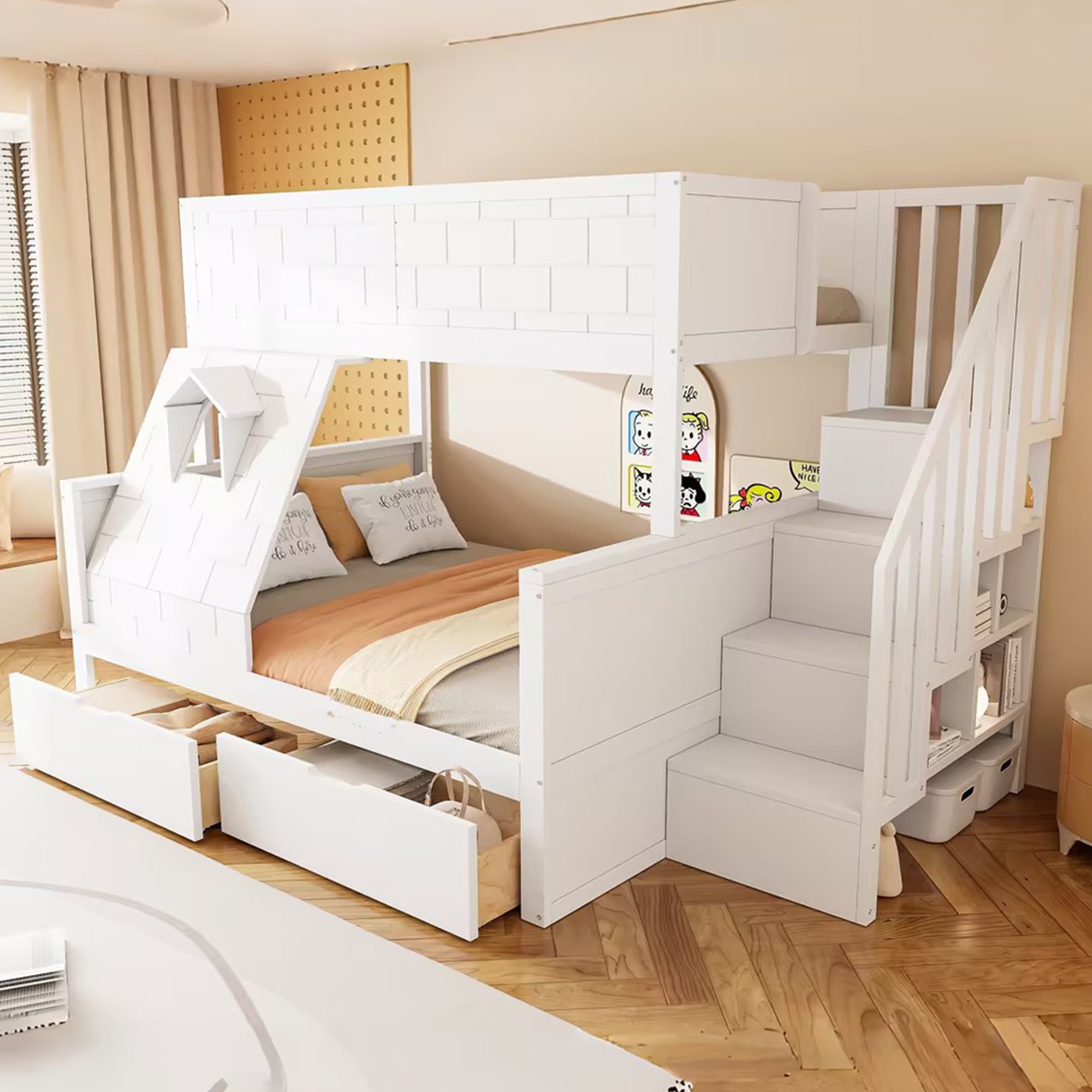 Łóżko piętrowe dziecięce 90x200 cm + 140x200cm - z drabiną bezpieczeństwa - z 2 szufladami - z przegródkami do przechowywania - biały