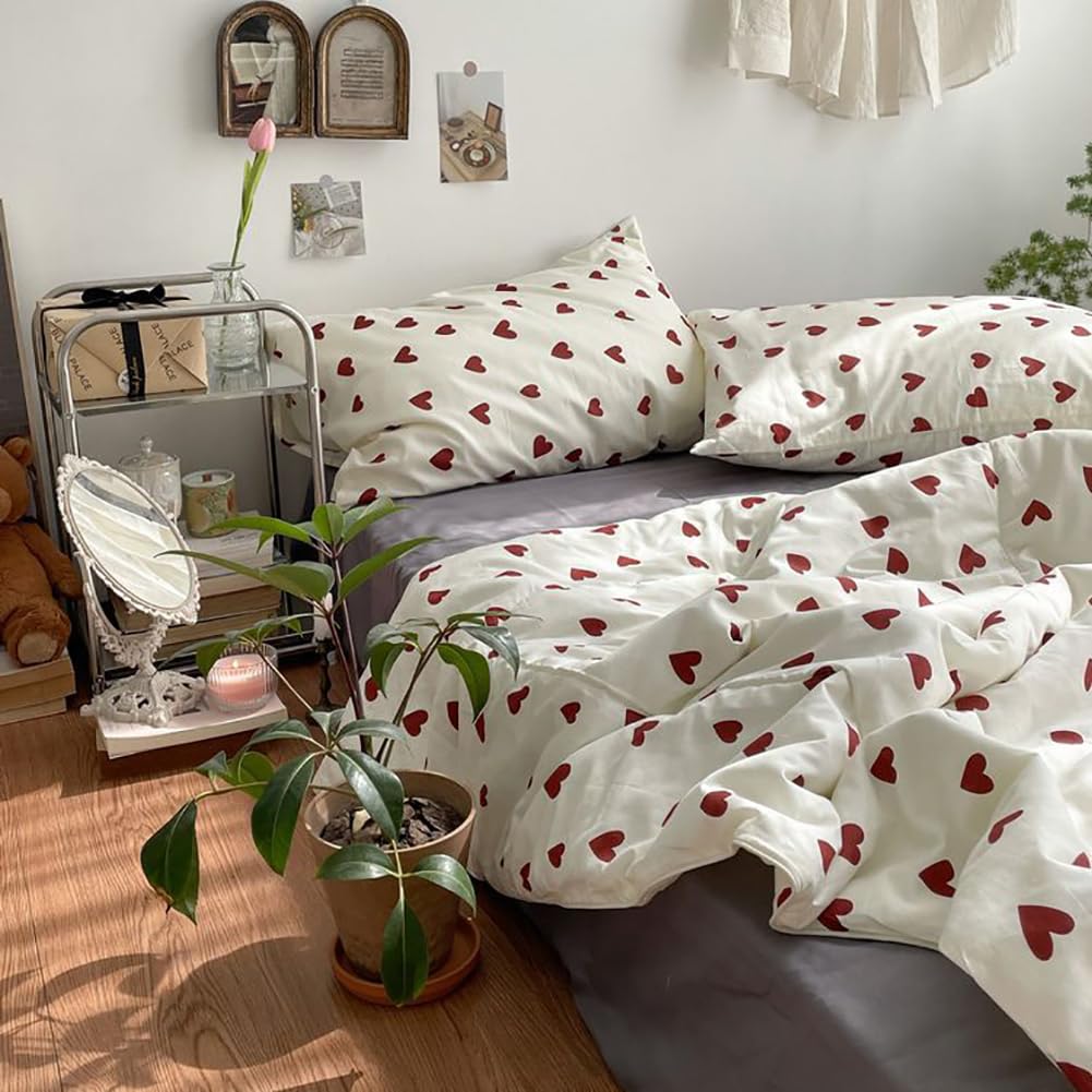 Linge de lit avec cœur, ensemble de housse de couette esthétique rouge et blanc, microfibre blanche avec cœurs rouges Linge de lit Taies d'oreiller - 7