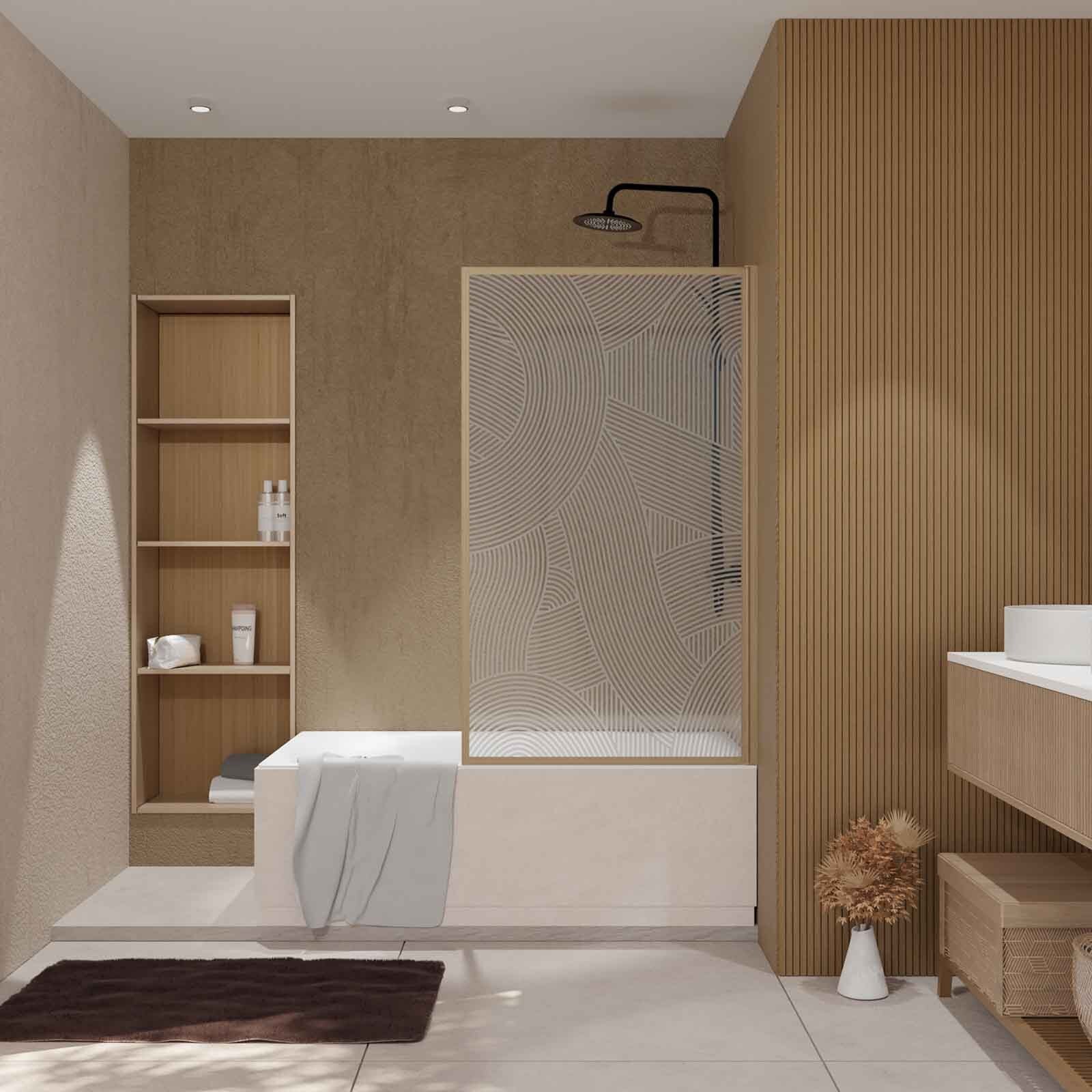 Pare baignoire pivotant 140x80 cm HINATA - style Japandi courbes douces Cadre effet bois - Verre 5mm - 5