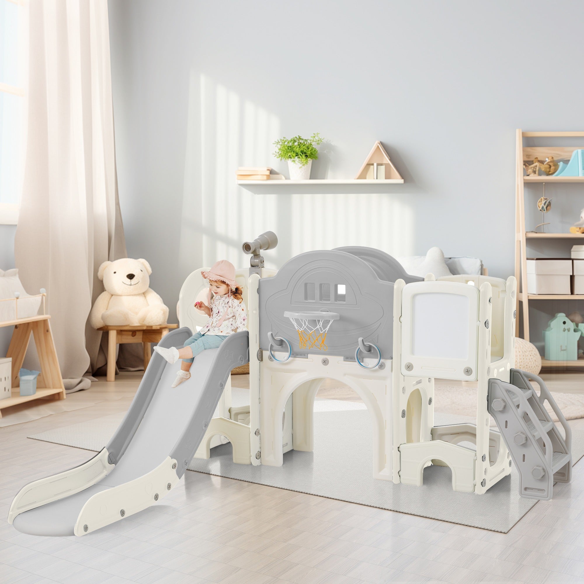 Jouet extérieur 10 en 1 - Multifonction avec toboggan, escalade, jeux et rangements - Couleur: Gris Antique Blanc - 2
