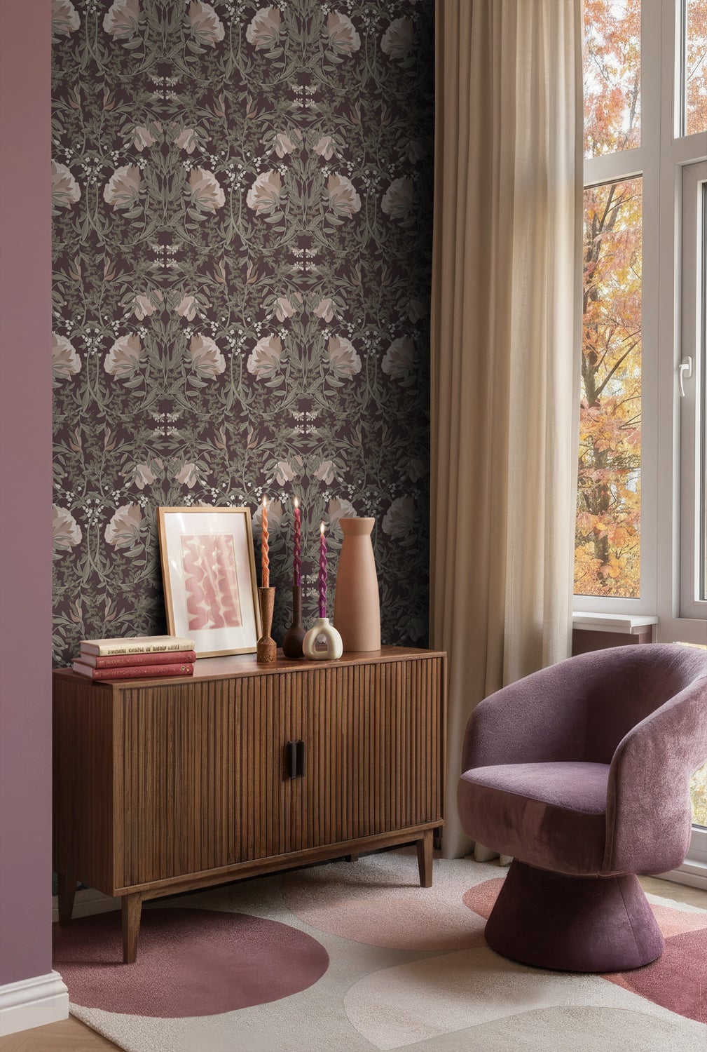 Papier peint fleurs vintage de style art nouveau violet aubergine - 50 x 900 cm - ESTAhome - 8