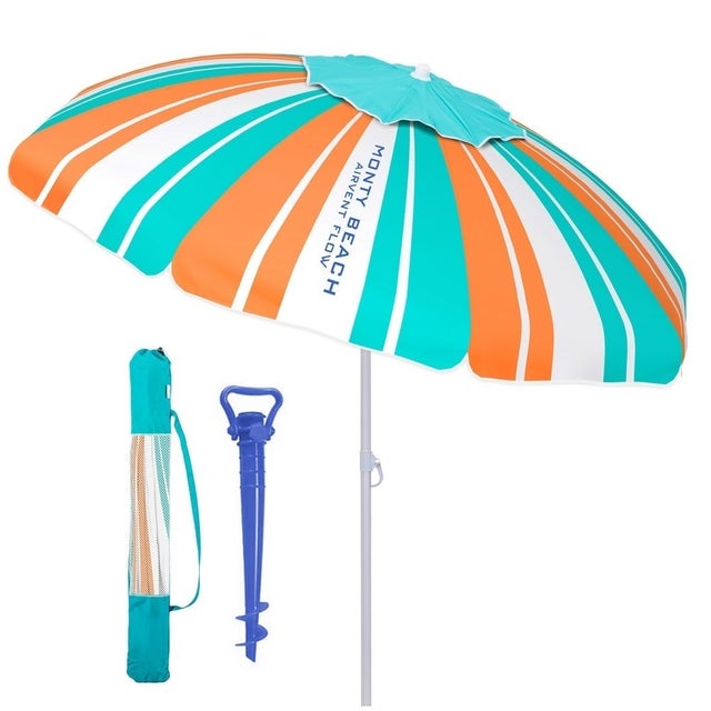 Sombrilla playa 180 cm y soporte arena, protección UV+50, Rayas multicolor MONTY
