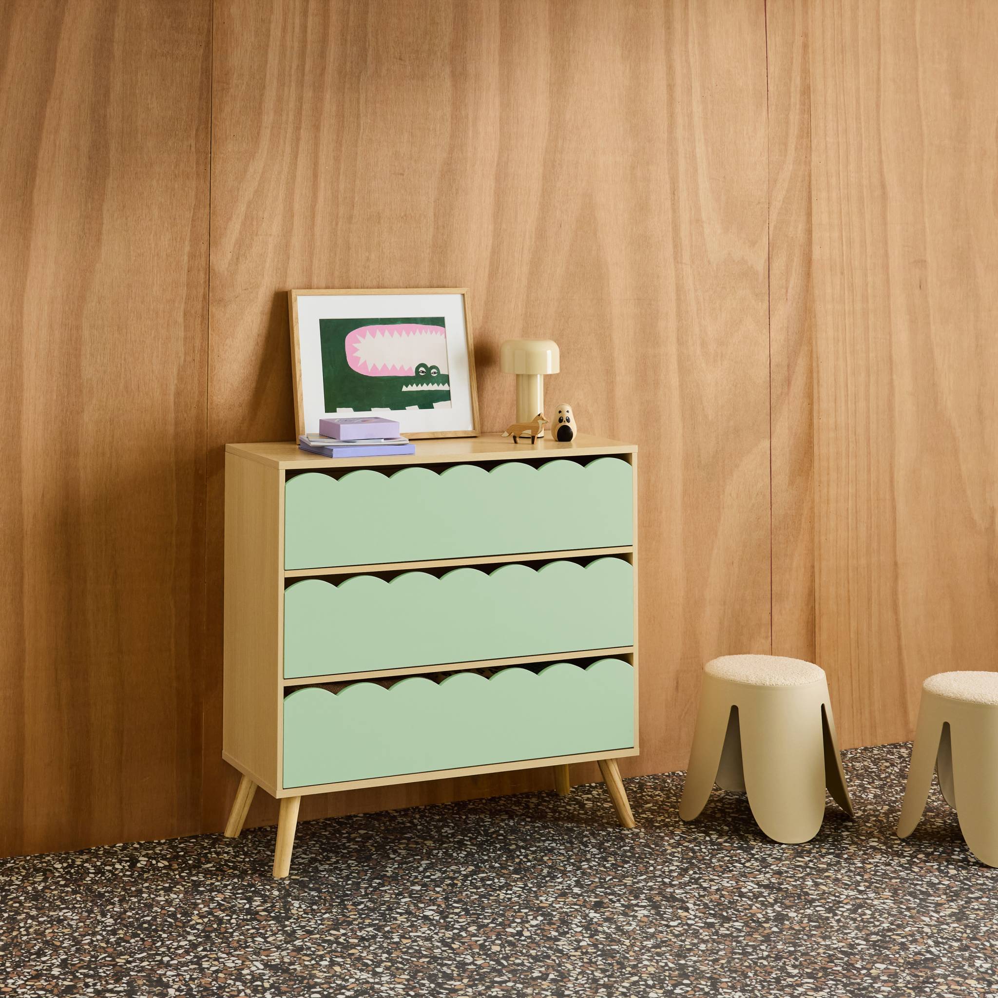 Commode enfant décor bois vert 3 tiroirs. pieds bois de pin - 80 x 30 x 79 cm - Azur AZUR - 3