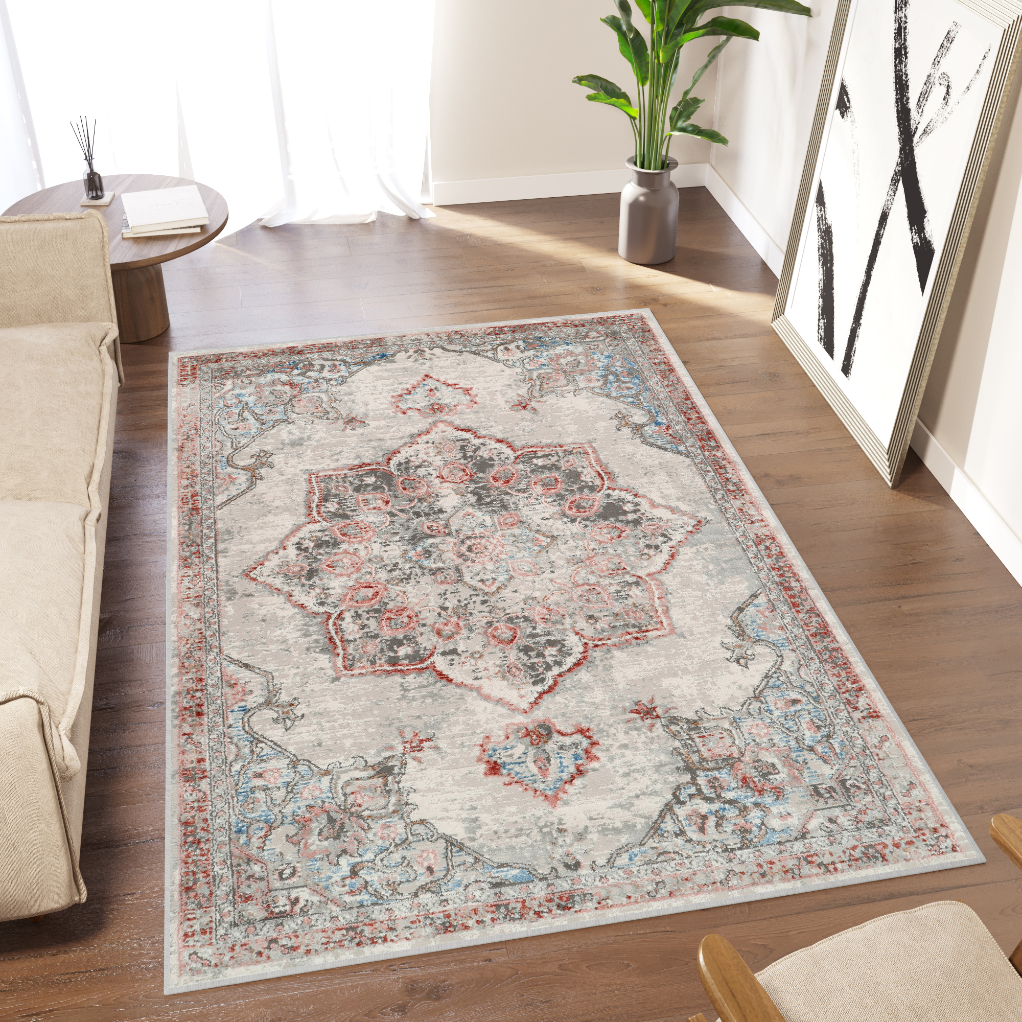 Tapiso retro alfombra de pelo corto vintage azul marrón pelirrojo gris floral roseta borde sala habitación oficina oeko-tex 120 x 170 cm