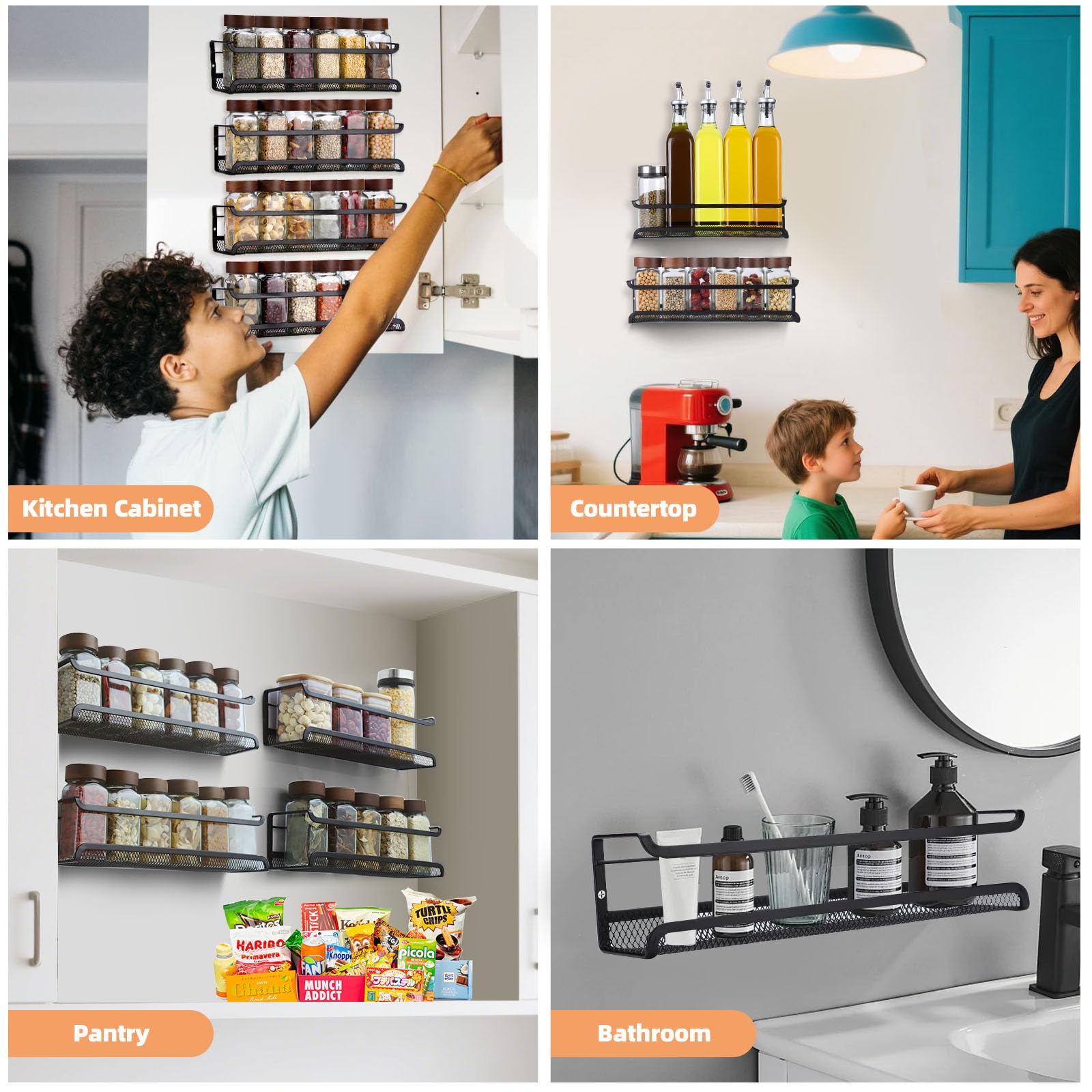 Étagère à épices murale, 4 étagères à épices en métal, sans perçage, à suspendre, pour mur ou porte de placard de cuisine - 7