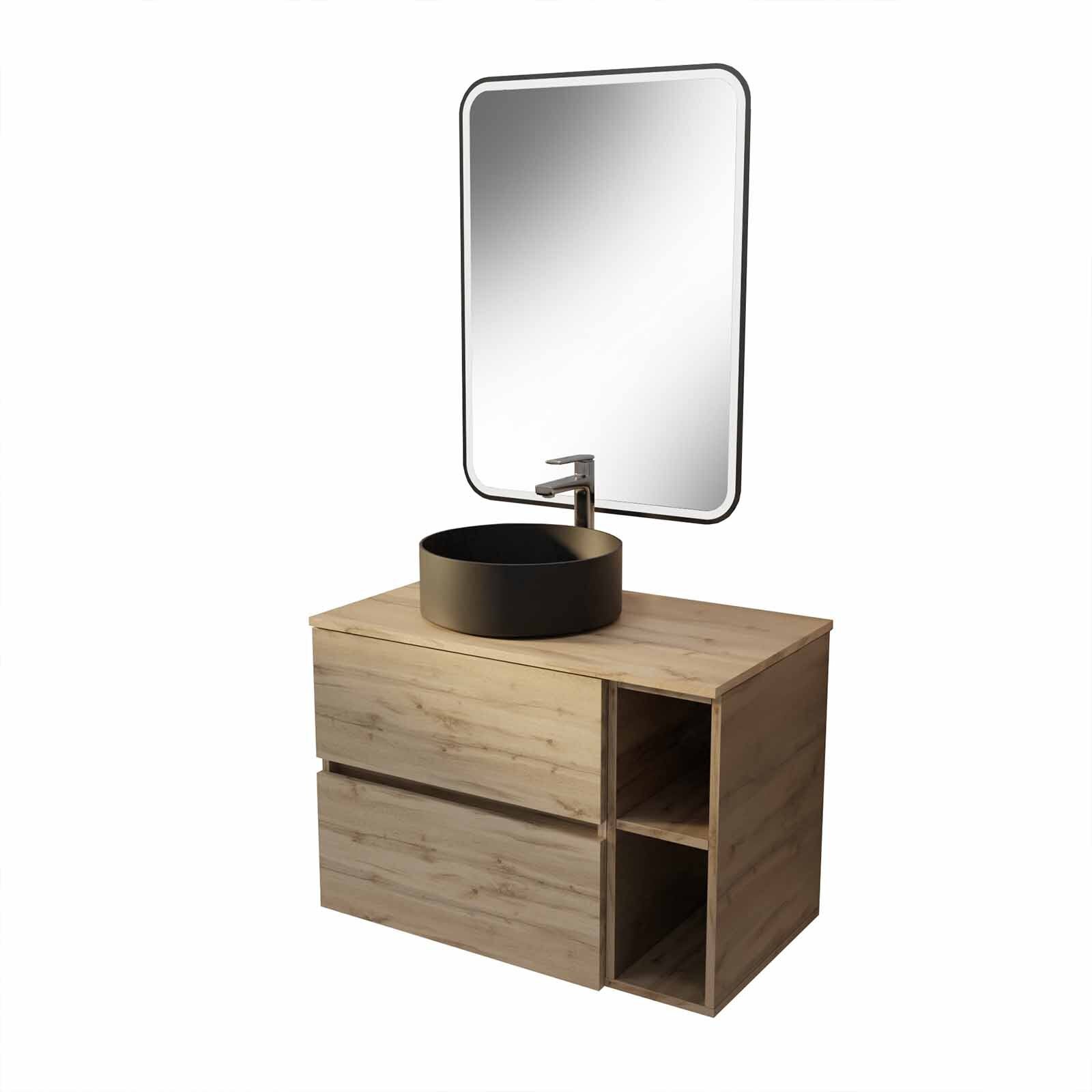 Meuble salle de bains 80 TIMBER Décor Chêne Tiroirs + Module - Vasque et Miroir 60x80 LED bord Noir - 3