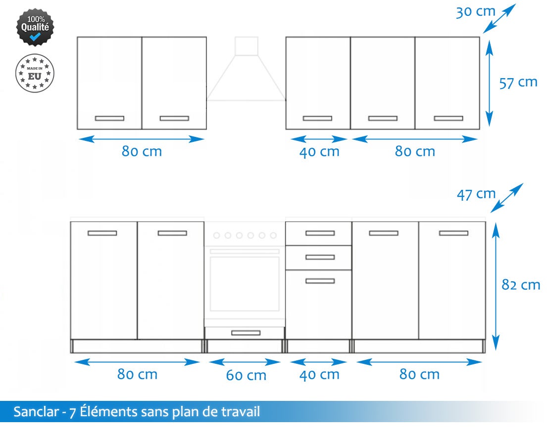 Cuisine Sanclar 7 éléments - blanc blanc laqué - 2m60 four encastrable - 2