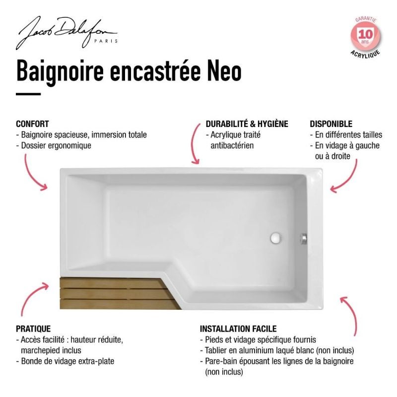 Baignoire bain douche 170 x 90 cm JACOB DELAFON Neo blanc brillant gauche - 6