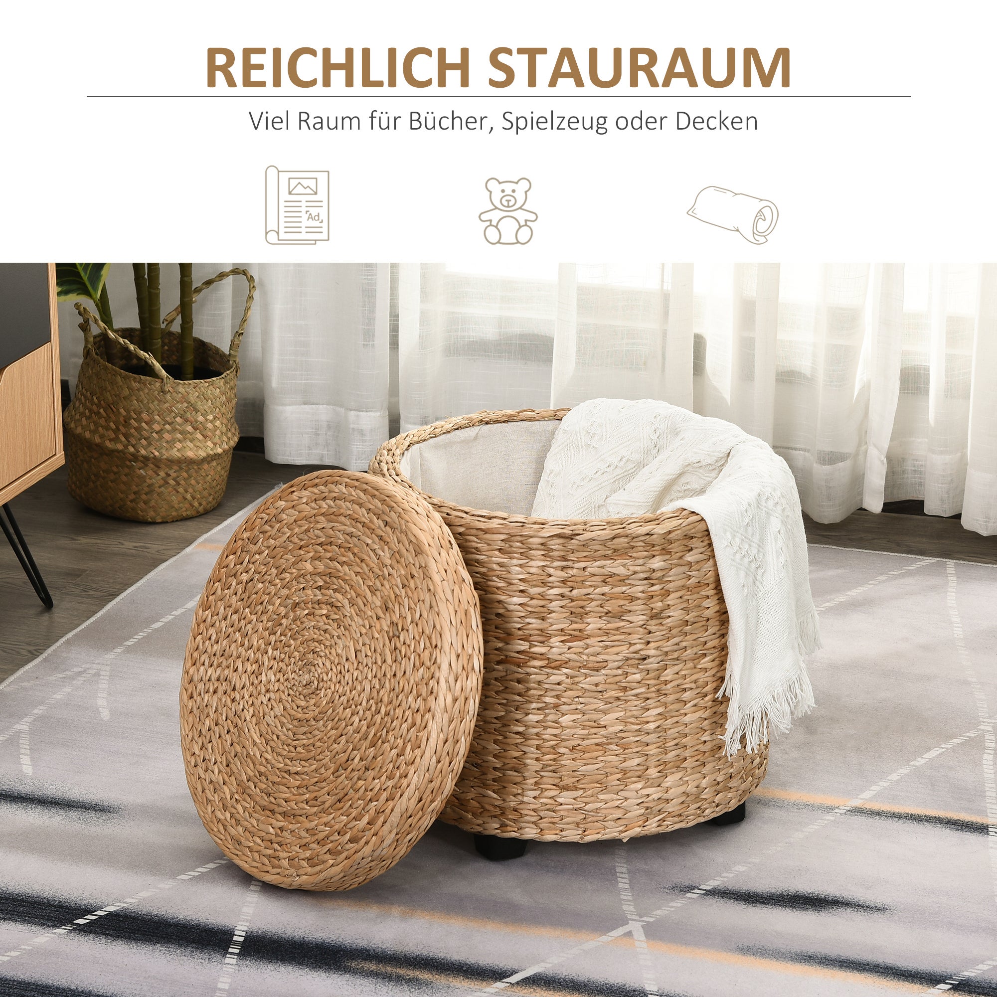 Pouf contenitore in rattan rotondo con coperchio rimovibile, poggiapiedi multifunzione, Ø43x43 cm, colore kaki - 4