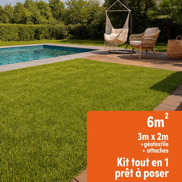 Gazon synthétique Kit complet prêt à poser Pelouse artificielle en rouleau 2mx3m (soit 6m²) Hauteur des brins 38mm